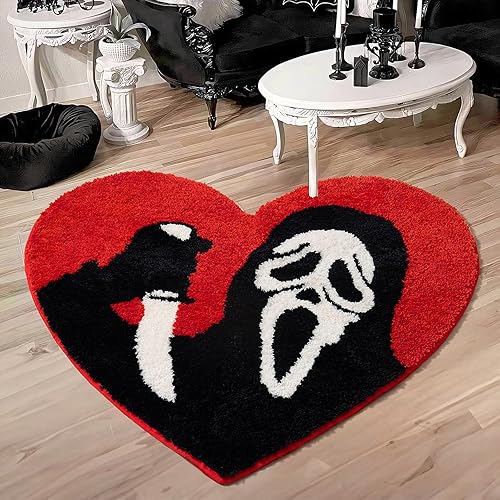 TANVILL Bathroom Rugs Black Red Bath Mat Non Slip, Christmas Home Decor, 35”x42” Funny Skull Large Bath Rugs Washable Absorbent Gothic Decor Spooky Gifts - 2'11" x 3'6" (Heart Shape) - Red-black