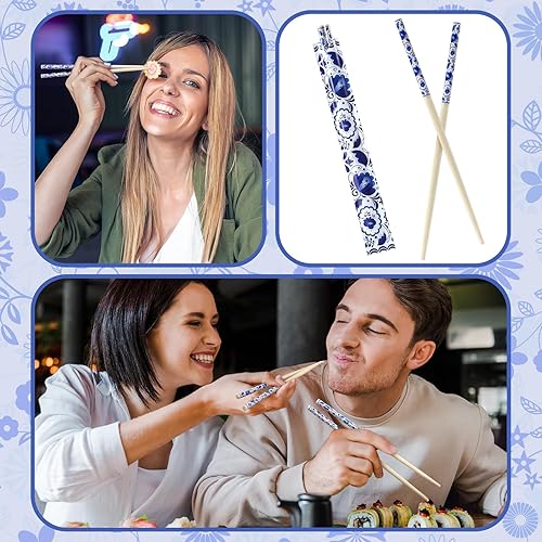 Miniatura 10 de 50 pares de palillos de flor de cerezo a granel con palillos con mangas de flores azules, palillos desechables de bambú, eucalipto, regalos de boda,