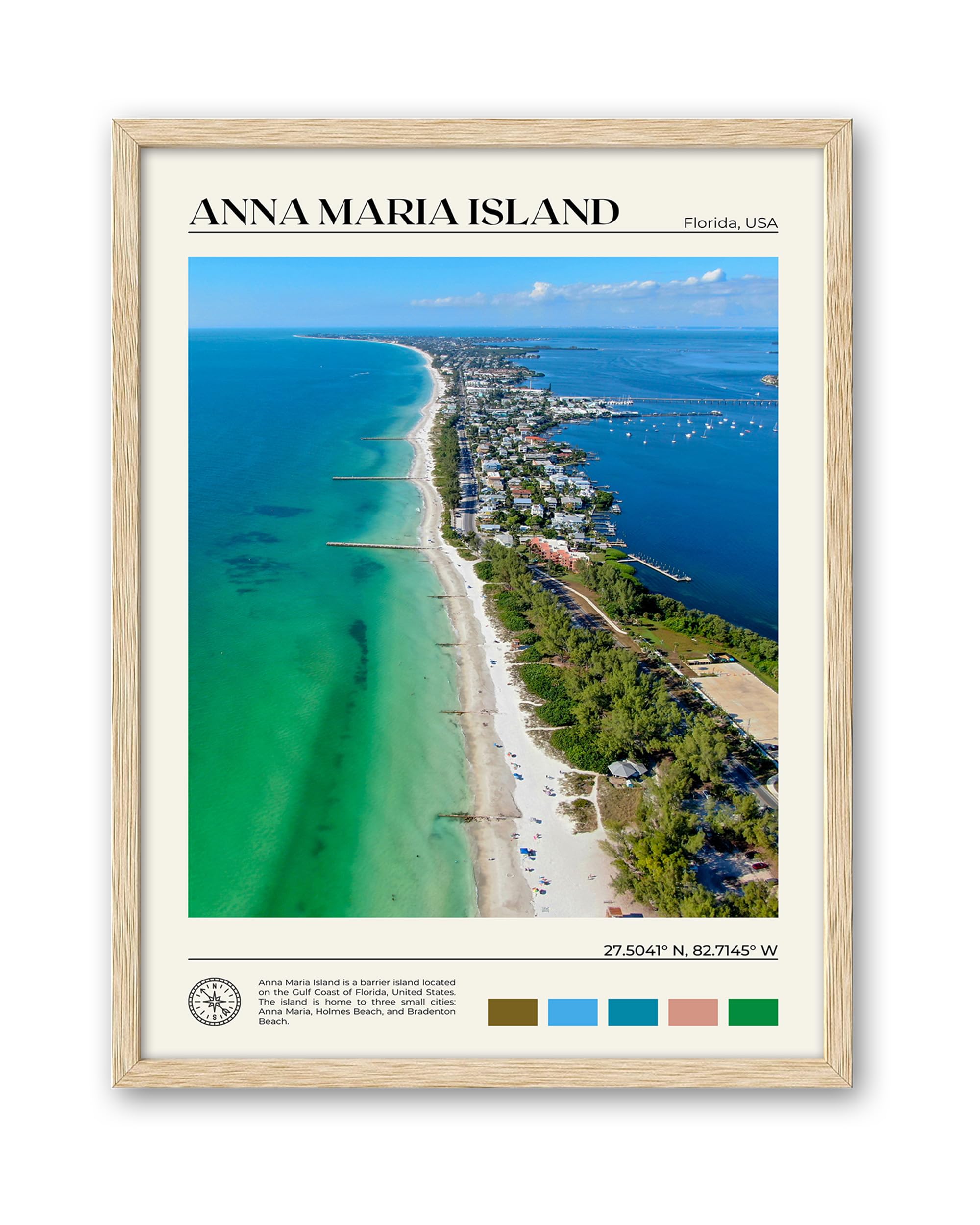 HesenDot Natural OAK Wood Framed Anna Maria Island Wall Art,12x16in Florida Seascape Canvas Wall Print,Classic Urban Landmark Wall Decor for Living Room, Bedroom,Office Gallery Set of 1
