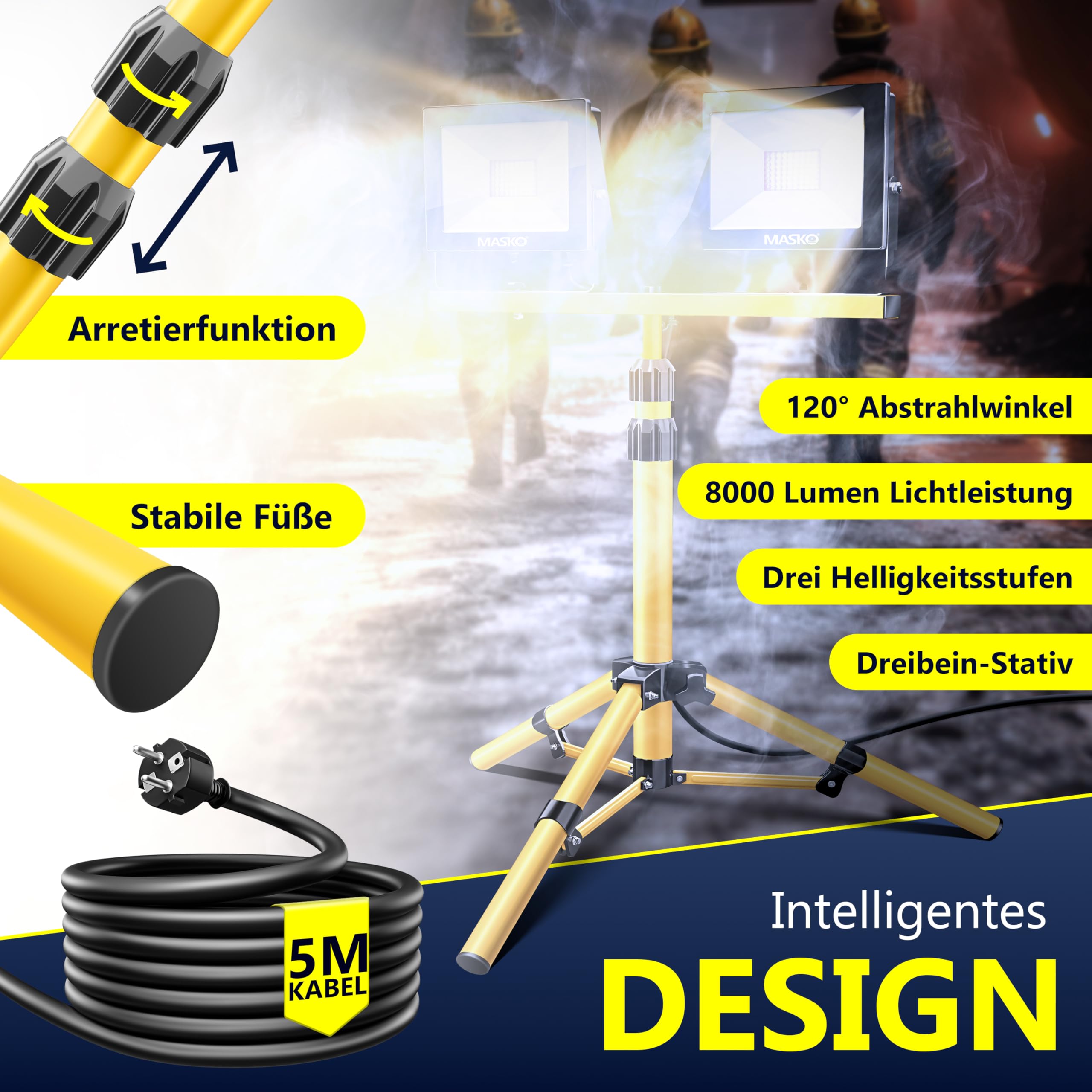 MASKO® LED Baustrahler 8000 Lumen Doppel 2x50W mit Stativ & Fernbedienung Arbeitsleuchte 72LEDs Arbeitsscheinwerfer 360° Drehbar IP65 Bauscheinwerfer 5m Kabel Baustellenlampe höhenverstellbar 86-202cm
