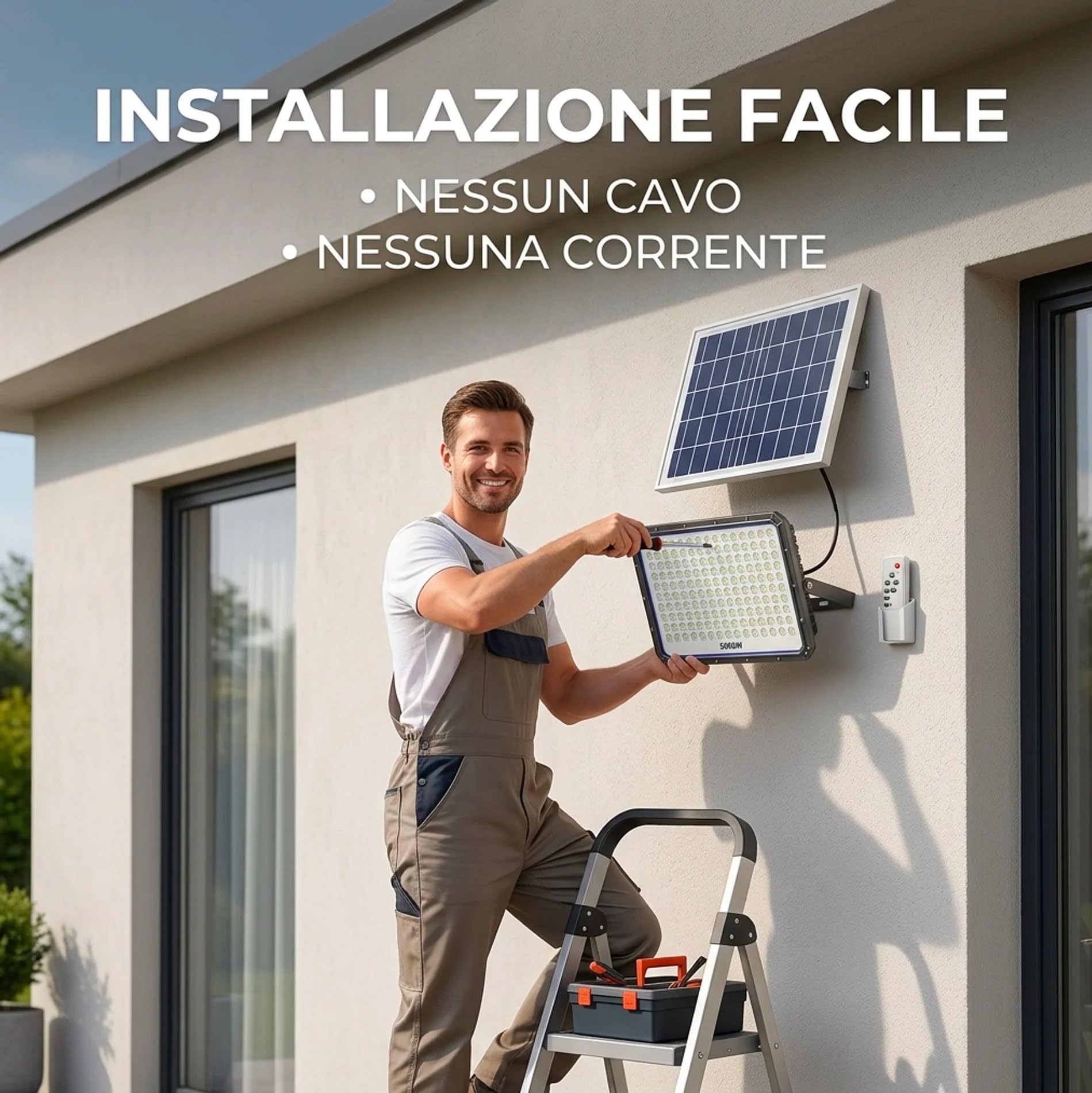 081 Store - Faro LED Esterno con Pannello Solare 5000W, IP66 Impermeabile, 320 LED, Luce Bianca 6500K, Telecomando, Autonomia 12 Ore