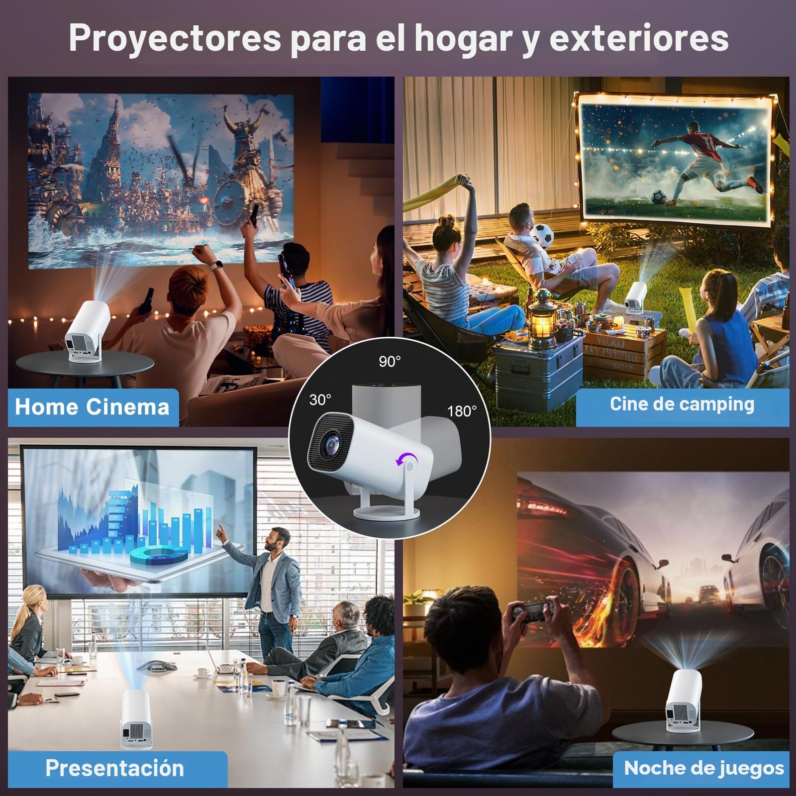Proyector Portatil 4K Full HD 1080P, Proyector 4K con WiFi 6 y Bluetooth 5.4, con corrección Trapezoidal automática, rotación de 180°, Compatible con HDMI/TV Stick/PC/Memory Stick