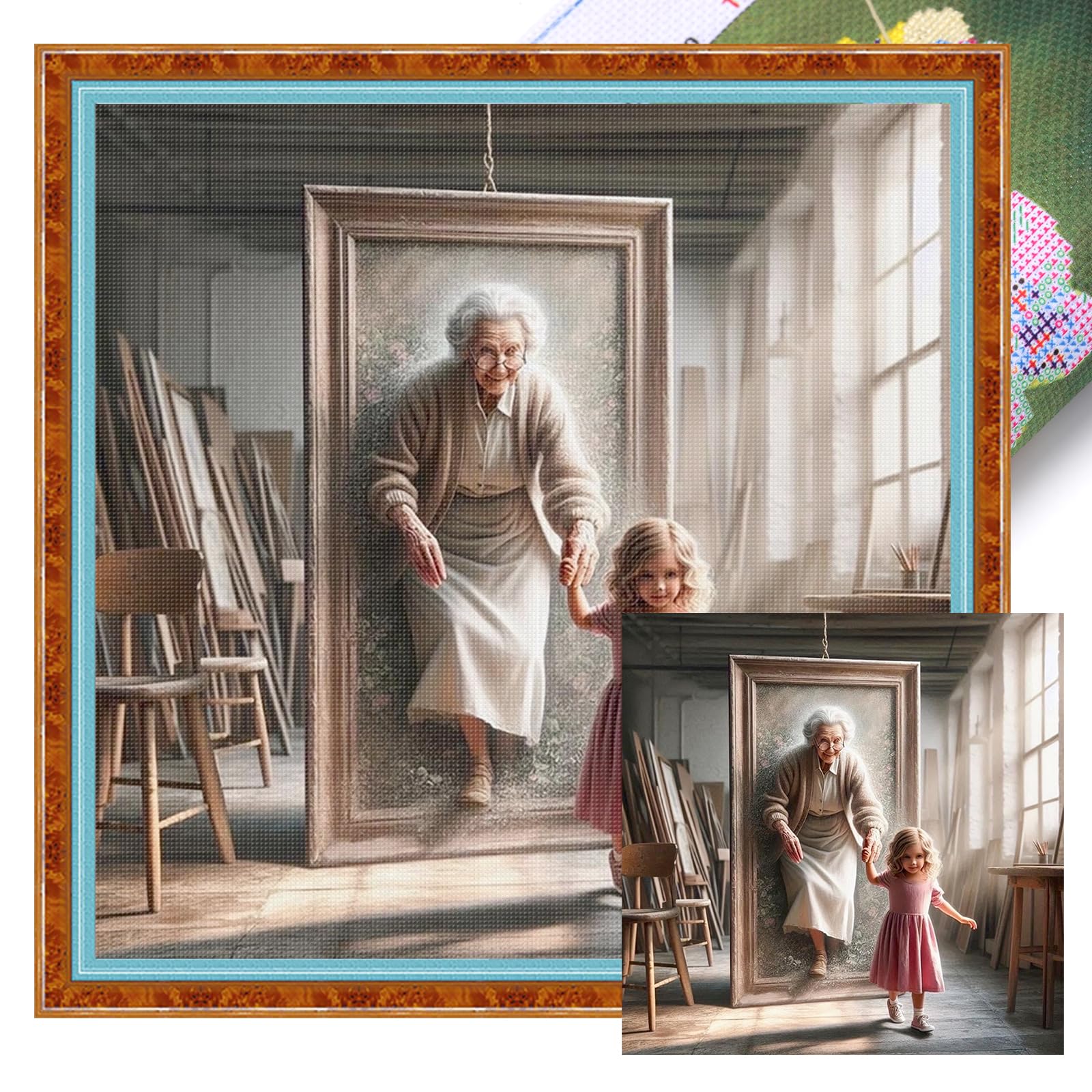 The Girl and Her Grandma Full 11CT DIY Stamped Embroidery Needlepoint Starter Kits 17.71x17.71inch Cross Stitch Art and Crafts Kits for Beginners Adults Home Decor