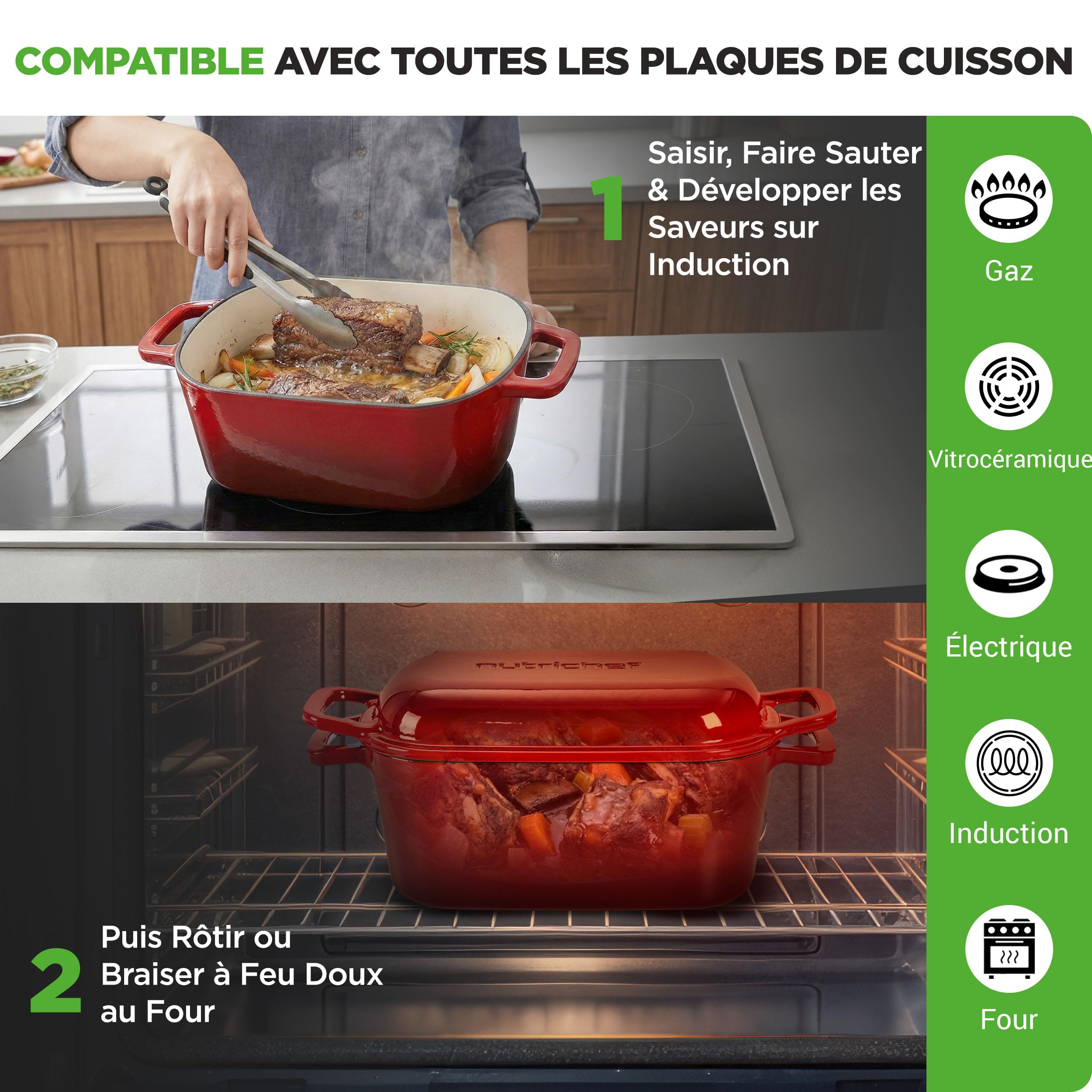 NutriChef Casserole à pain ovale en fonte émaillée de 25,4 cm avec couvercle, gants en silicone, passe au four jusqu'à 260 °C, pour la cuisson, le rôti, le ragoût et plus encore, passe au - 4