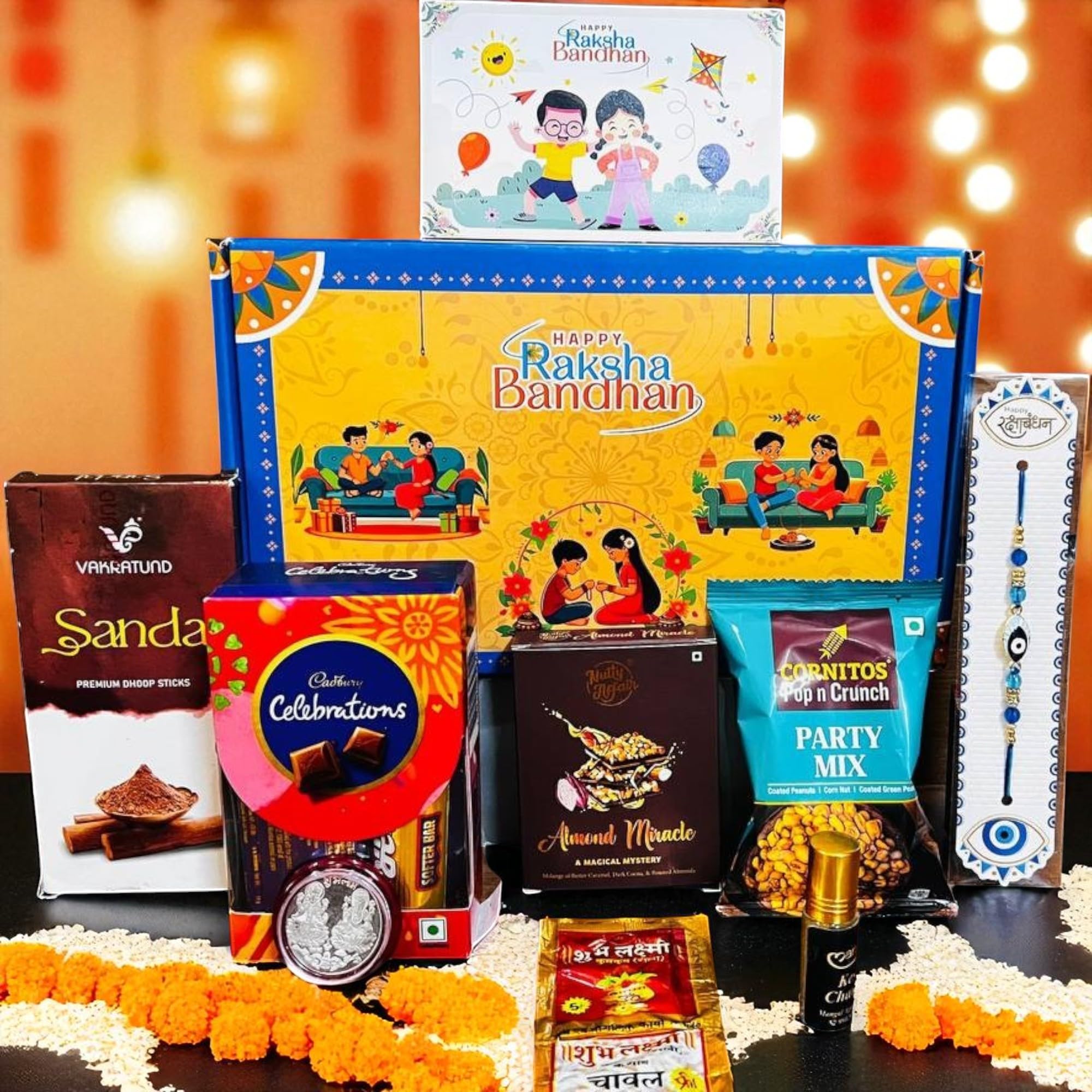 ZECIBEL Rakhi Gift Combo Box for Brother Bhaiya & Bhabhi-9 Inclusions + Evil Eye Rakhi Nazar Kavach|Chocolate,Millet Namkeen,Almond Bar,Incense Sticks & Stand,Perfume,Coin,Card,Roli Chawall-image-14