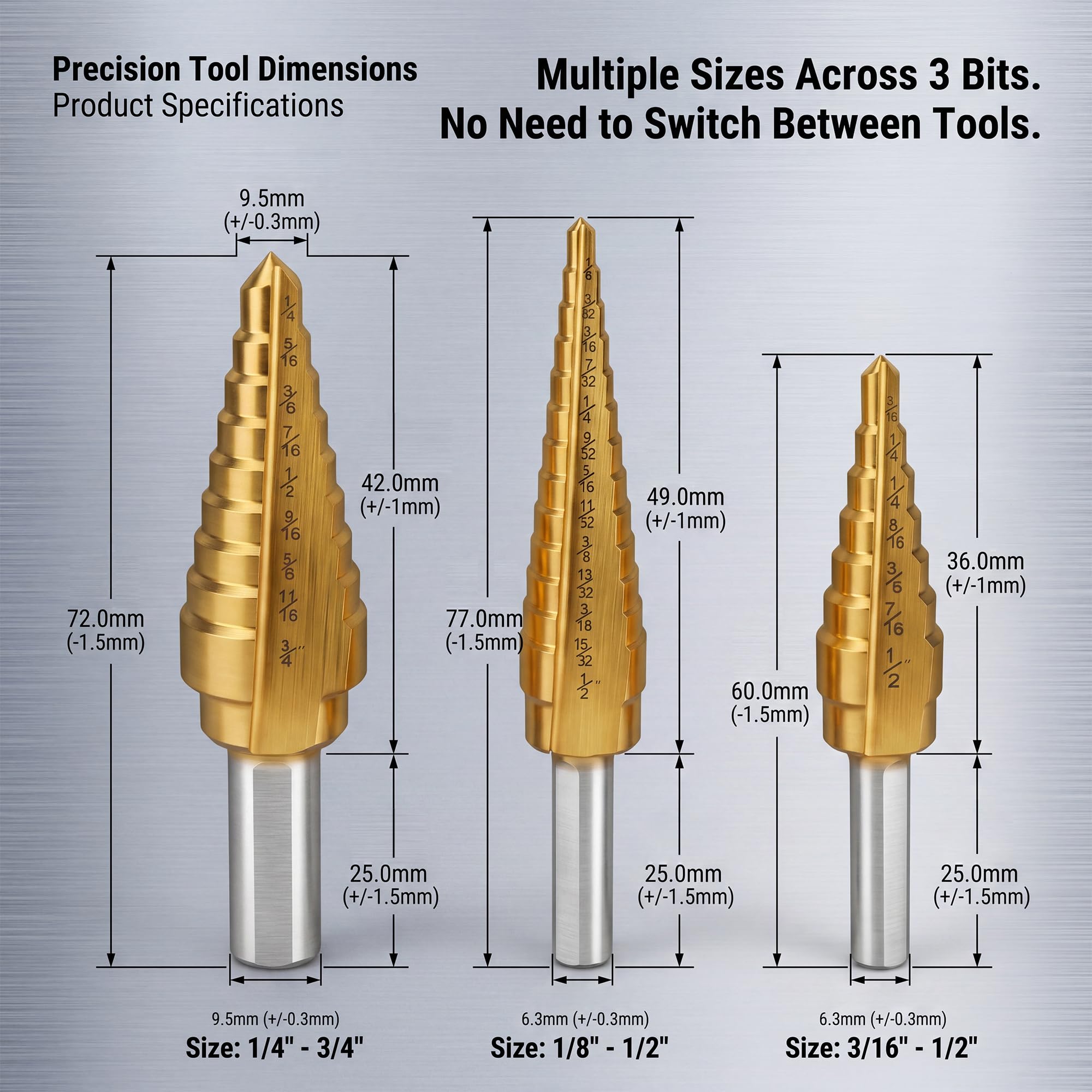 Yougfin Step Drill Bits - 3 Piece HSS Titanium Set -2