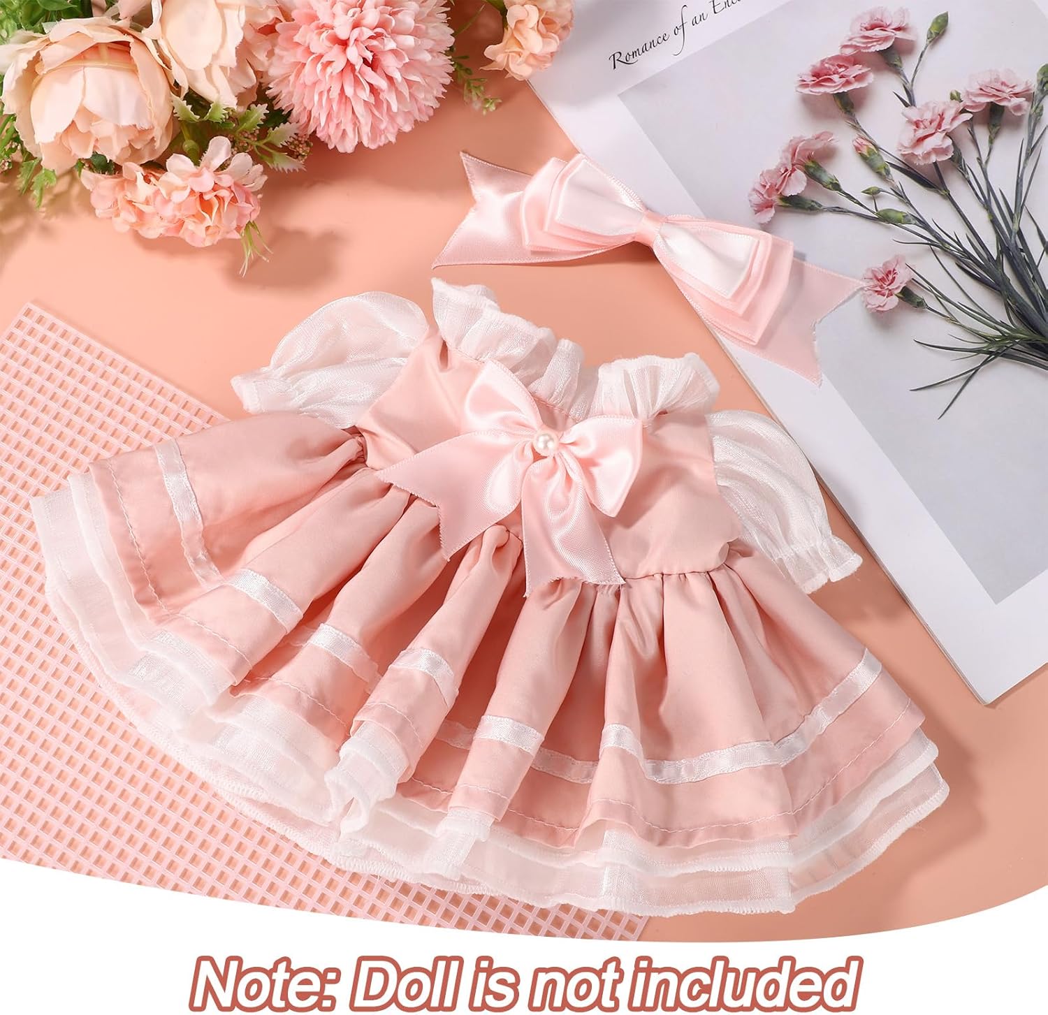 2pcs 15in Doll Clothes Set, Include 1pcs Bow Clip and 1pcs Bow Dress Cute Outfits and Accessories No Doll Included(Pink)