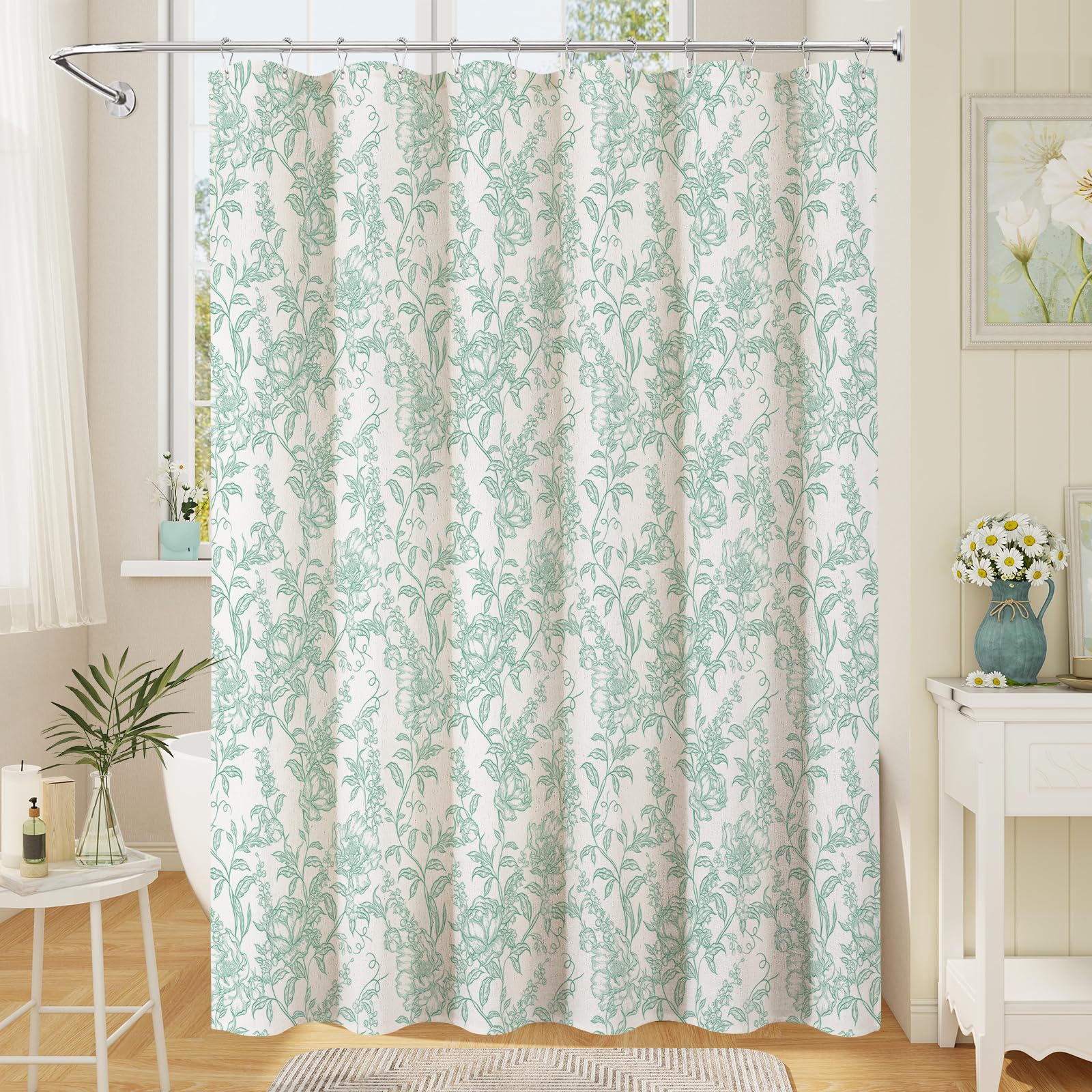 Craidlela Long Farmhouse Floral Shower Curtain, Vintage Botanical Print for Rustic Bathroom Decor, Linen Blend Garden Bathroom Curtain, Boho Teal Shower Curtain 72x78 Inch