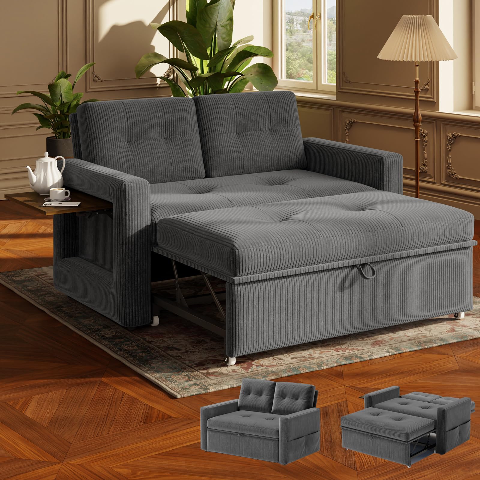 YOUDENOVA Schlafsofa mit 5-stufig Verstellbarer Rückenlehne, 2 Sitzer Sofa mit Schlaffunktion, Sofa Bed mit Tisch, Schlafcouch mit Bettfunktion, Couch Ausziehbar, 177x135 cm, Cord Grau