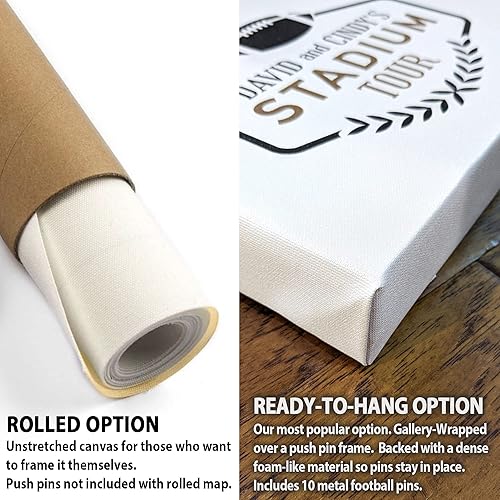 Vista 15 de HolyCowCanvas Personalized Canvas Football Stadium Map Tracker with Pins, Metal Footballs, Customized Sports Gift, Push Pin USA Map (Green Vintage)