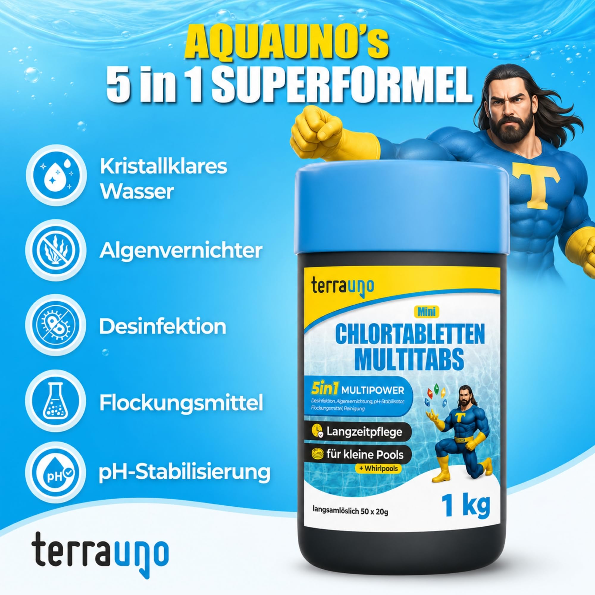 TerraUno Mini Chlortabletten Pool 1 kg, 20g Multitabs 5 in 1 langsamlöslich, Multifunktionstabletten mit Langzeitpflege für Pools, Planschbecken und Whirlpools, Aquamarin für kristallklares Wasser