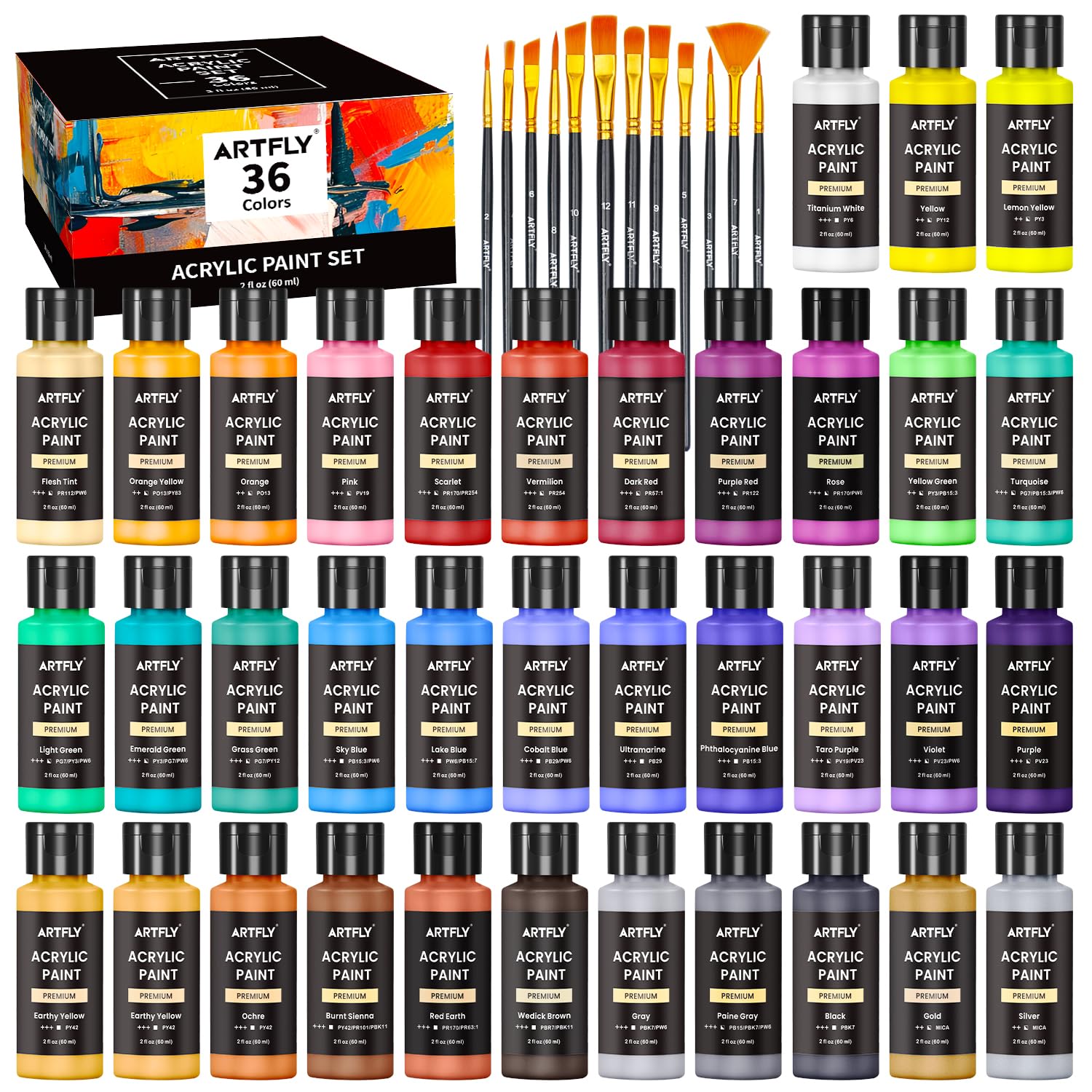ARTFLY Acrylic Paint Set, 36 Colors in 2oz/60ml Bottles with 12 Paint Brushes, Non-Toxic, Waterproof, Rich Pigments for Artists, Students, Beginners on Rocks, Canvas, Wood, Fabric, Ceramic