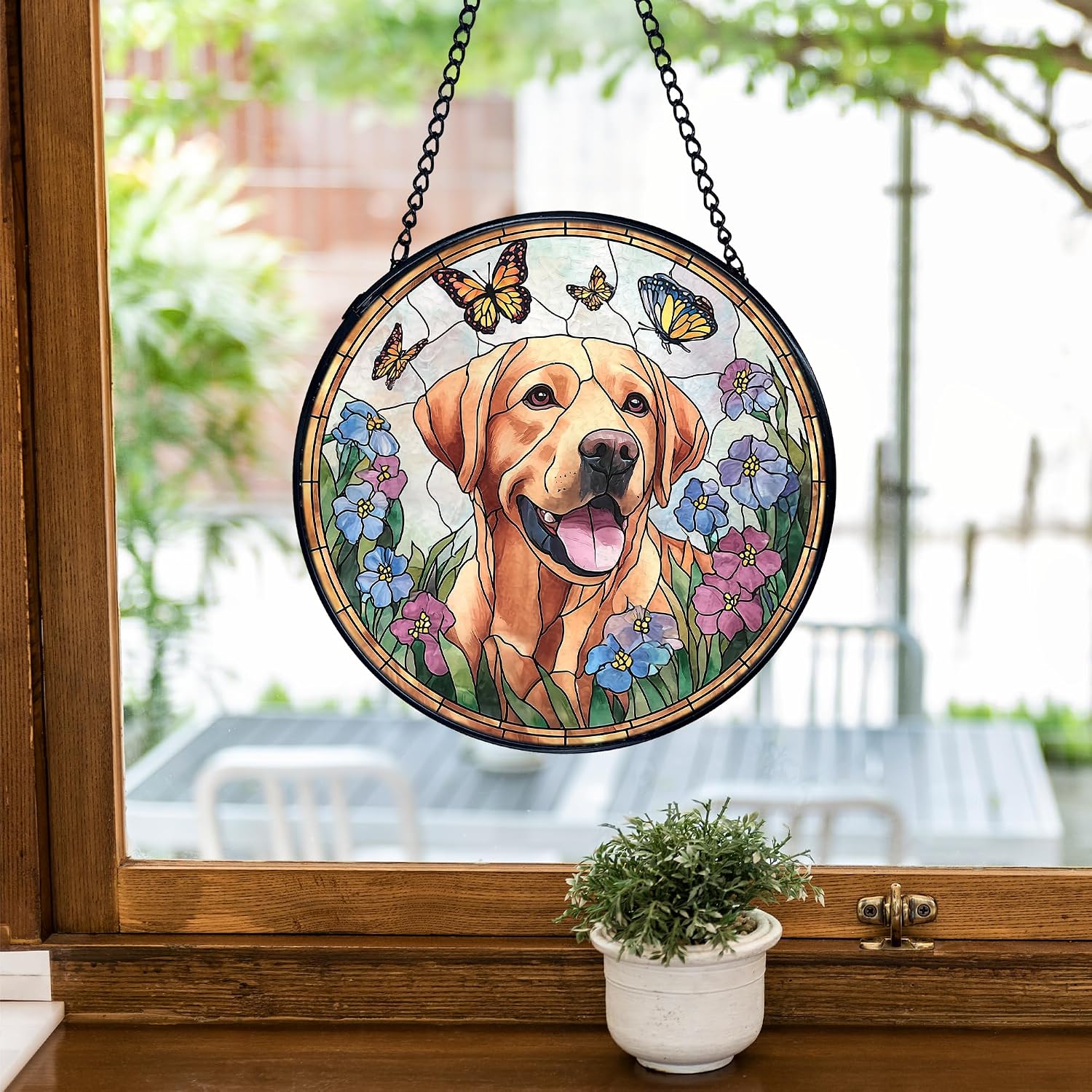 TNUW Labrador Retriever Flower Stained Glass Window Hanging, Labrador Retriever Gifts Sun Catchers Indoor Window Glass Round Wall Art Decor, Dog Sunflower Wall Hanging Decorations, 7.9＂x7.9＂