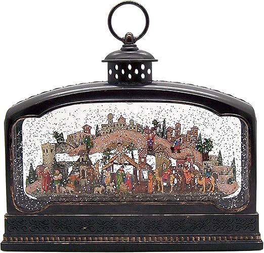 Lighted Water Lantern with a Nativity Scene and Swirling Glitter, Includes Christmas Music, Freestanding Christmas Decoration, Festive Holiday Décor, 9.5 Inches High