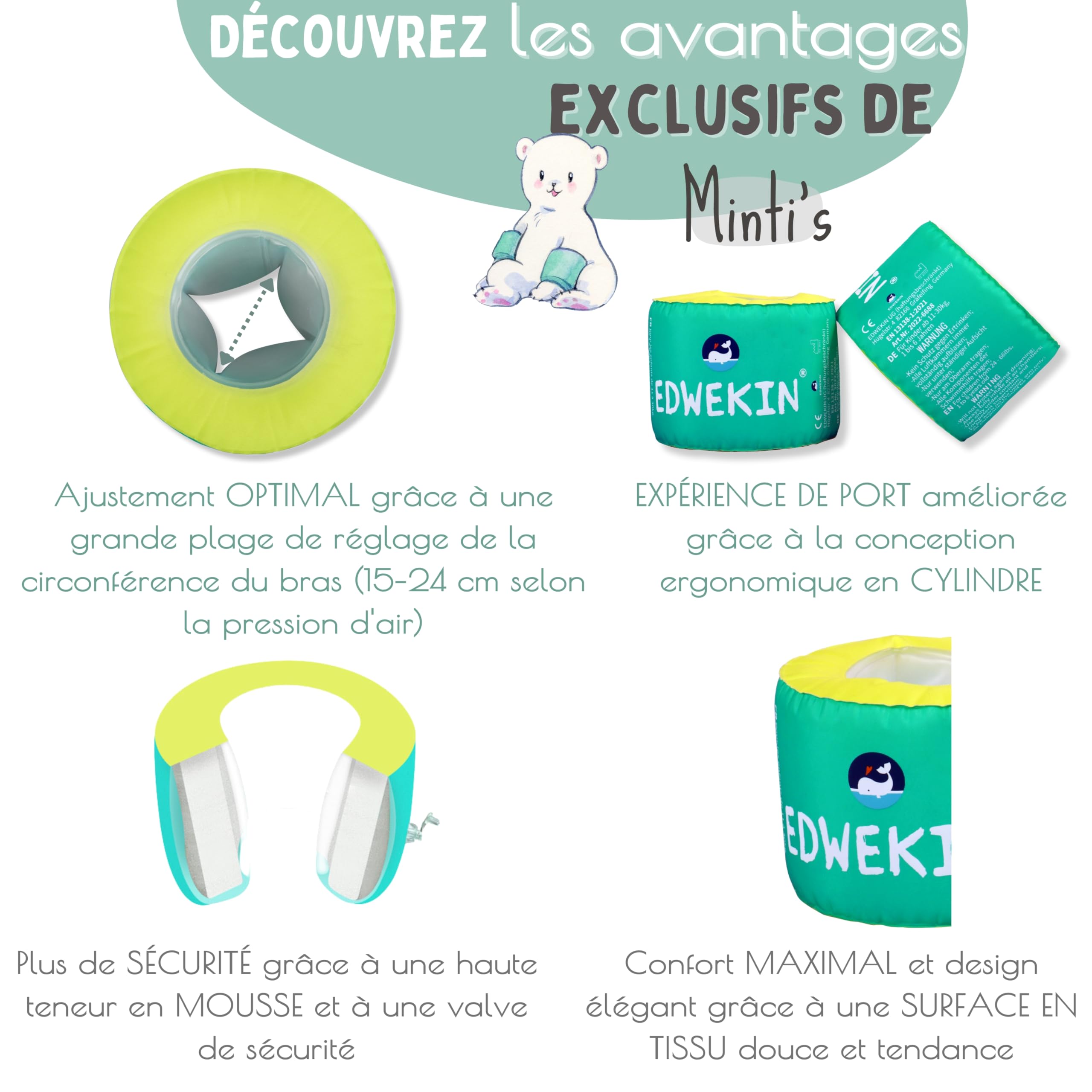 EDWEKIN® Brassards de Natation pour Enfants avec Noyau en Mousse et Surface en Tissu - Aide à la Natation Parfaite et élégante pour bébés et Enfants de 1 à 6 Ans