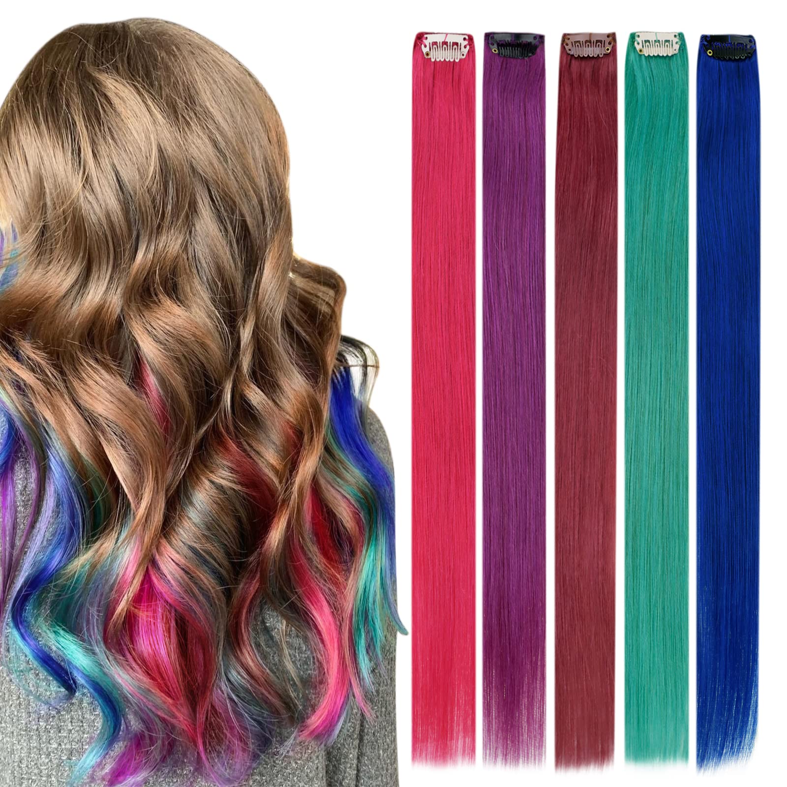 Amazon.com: RUNATURE Colored Clip in Hair Extensions 16 Inch Rainbow Long  Straight Hairpieces Clip in Real Hair Extensions Fashion Party Christmas  New Year Gift for Women Kids Girls 25g 5pcs 16 inch :