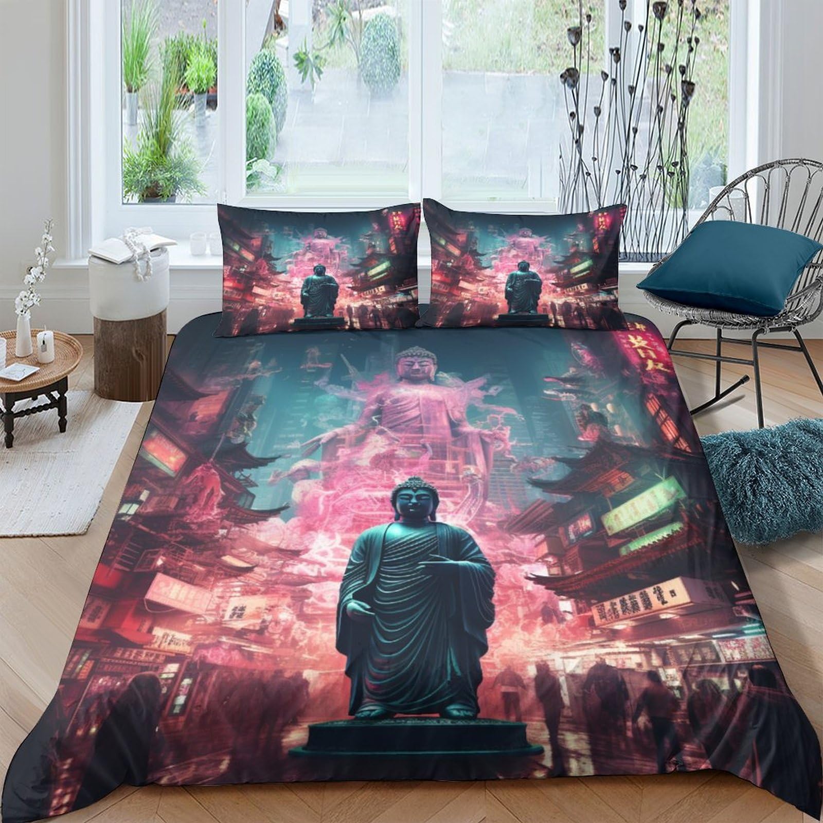 Parure de lit bouddha 3 pièces en microfibre respirante pour lit double 200x200 cm