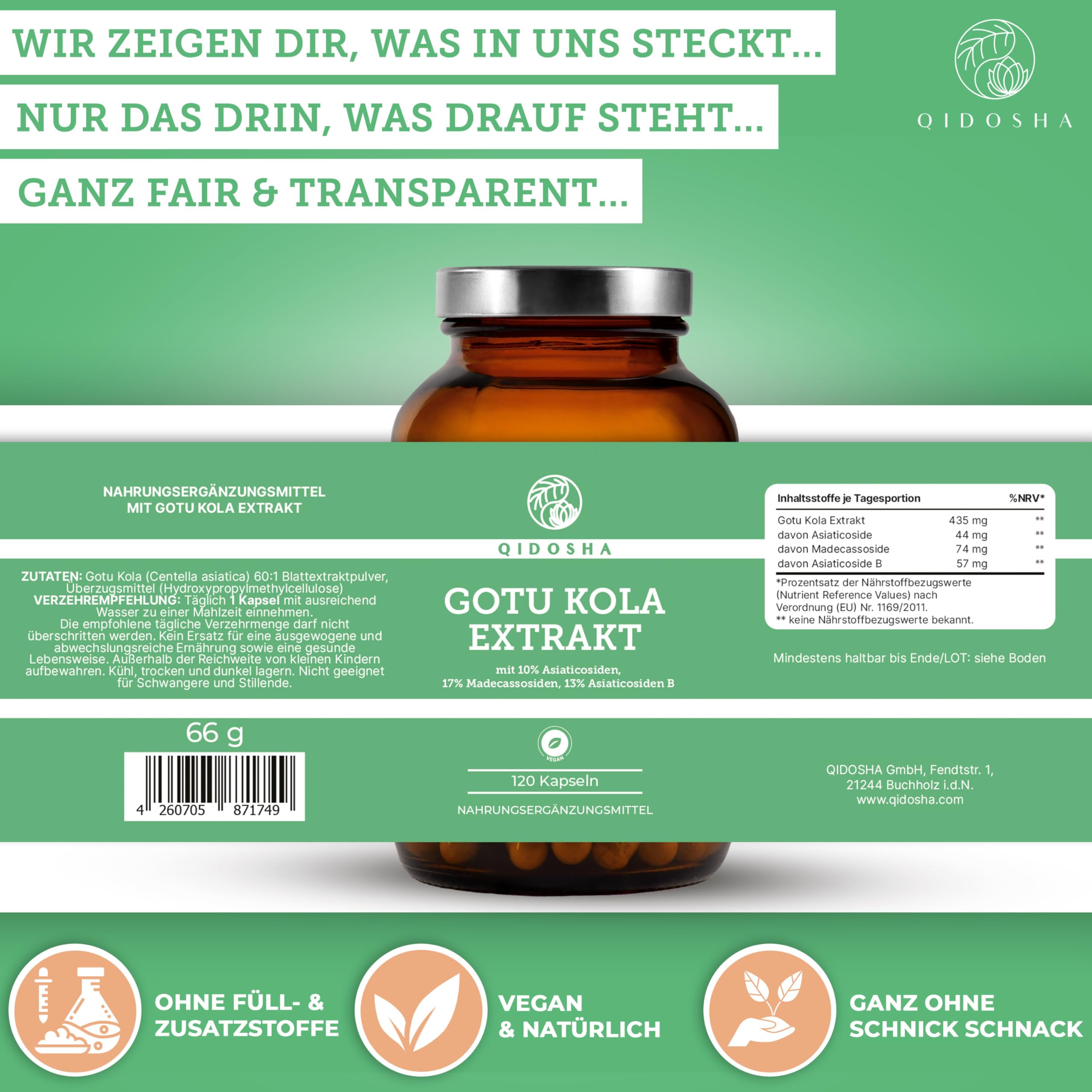 QIDOSHA® Gotu Kola 60:1 Extrakt, mit 40% Gesamt-Asiaticoside höchster Wirkstoffgehalt am Markt, darunter 10% Asiaticoside, 17% Madecassoside und 13% Asiaticoside B, 120 Kapseln im Glas