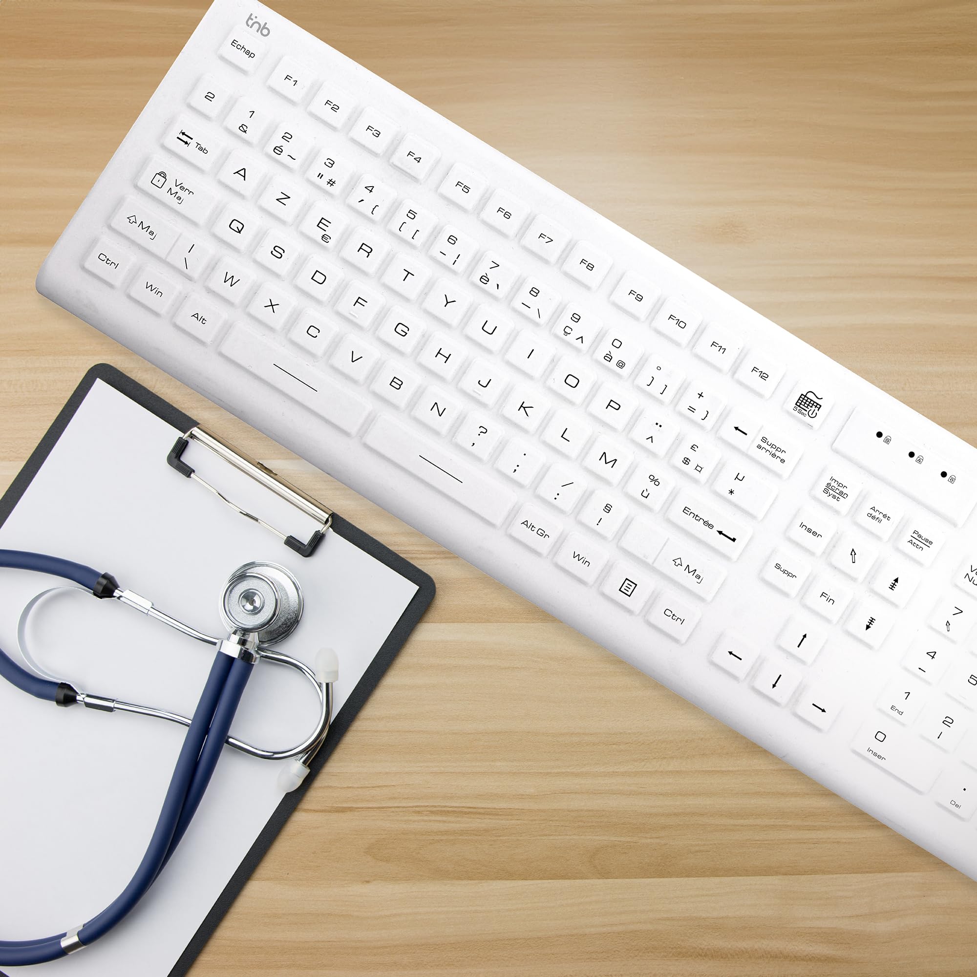 T'nB - Clavier Filaire Médical 100% Etanche certifié IP68, Résiste à l'eau et à la Poussière, Rétroéclairé, Layout Français AZERTY, Revêtement Silicone Facilement Nettoyable, Antibactérien- Blanc