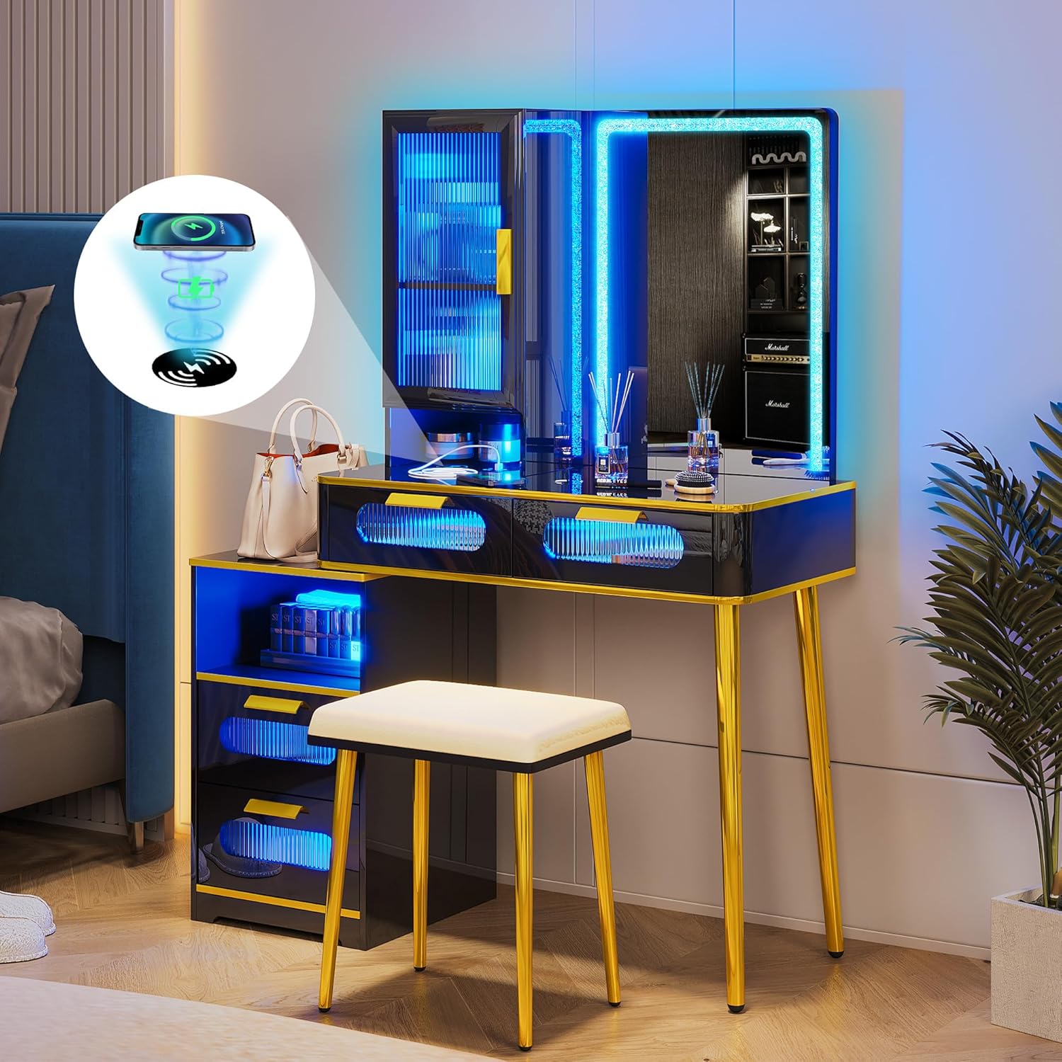 HNEBC Makeup Vanity Desk, Vanity Desk with Mirror and