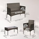 Ensemble de Mobilier de Patio en Osier Outsunny de 4 Pièces, Ensemble de Conversation en PE Rattan avec Canapé, 2 Chaises, Table Basse en Verre Trempé et Coussins pour Jardin, Porche, Balcon, Beige