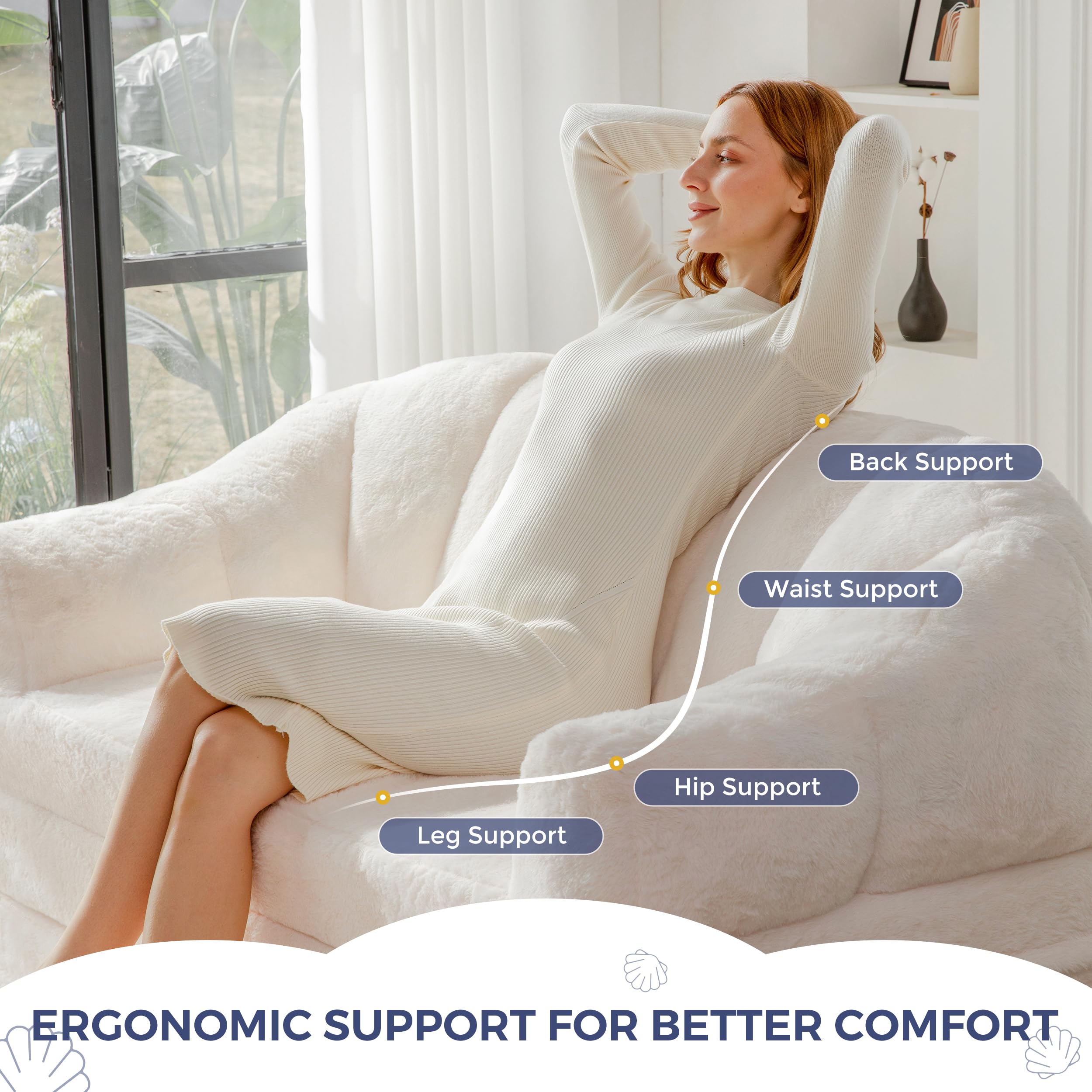 MAXYOYO Folding Sofa Bed, 2 in 1 Convertible Sofa to Lounger | Comfy Loveseat Bean Bag Chair for Adults, Floor Couch with Handle, Faux Fur Couch Bed for Living Room Bedroom, Beige