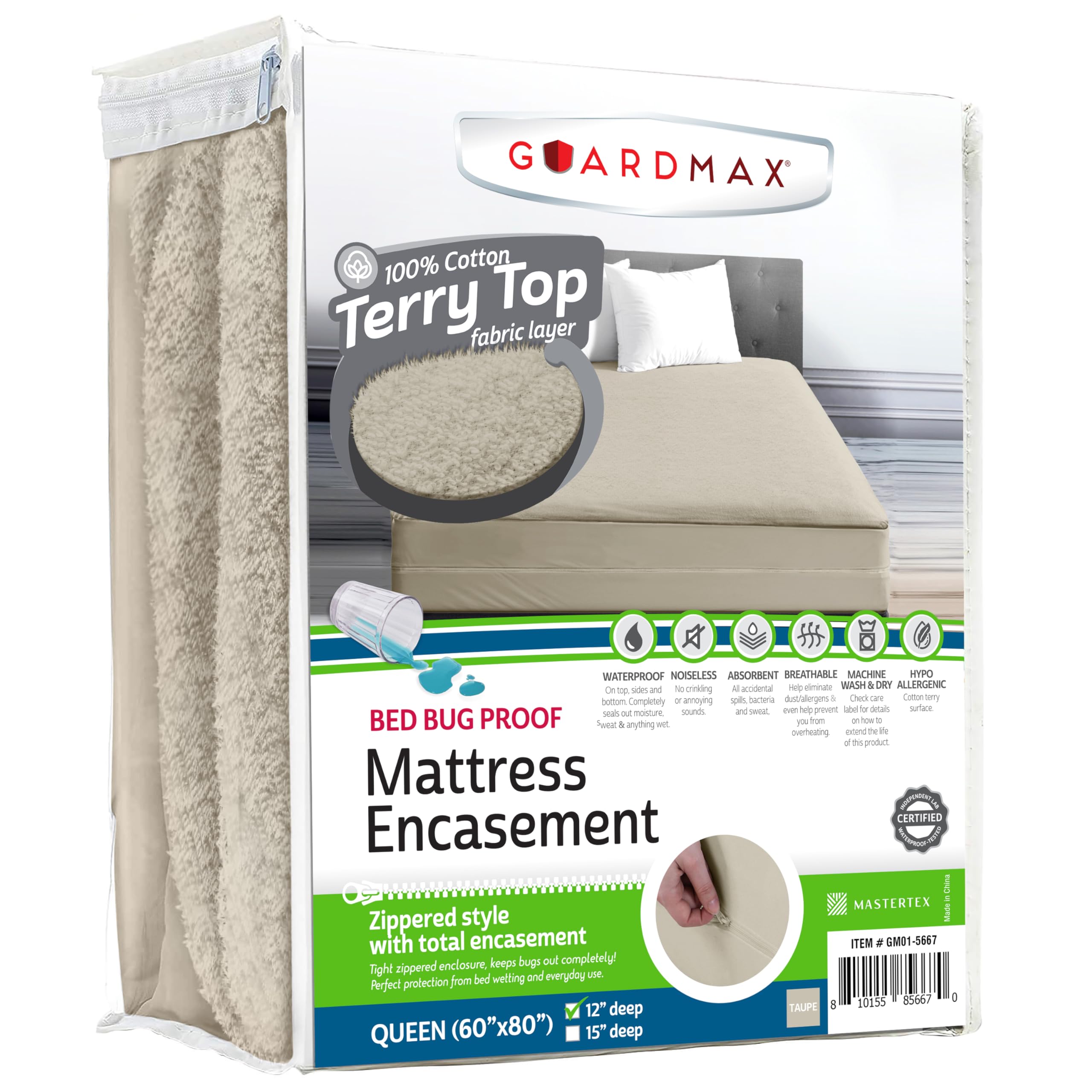 Guardmax Terry Cotton Zippered Mattress Encasement - Queen Size - 100% Waterproof and Bed Bug Proof Mattress Protector - Absorbent Six-Sided Mattress Cover (Terry Cotton, Queen)