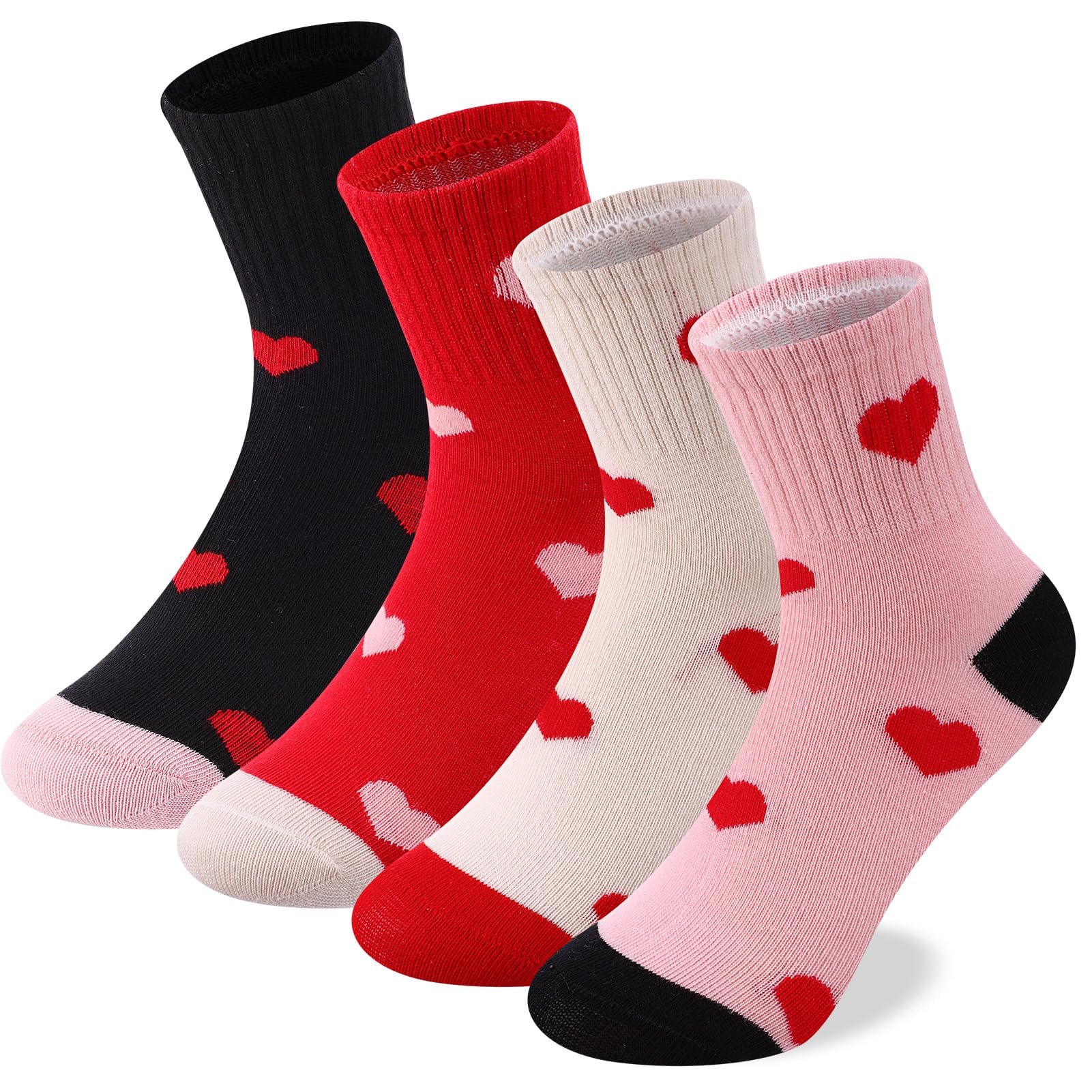 Smivyhp 4 Paar Herzen Socken für Mädchen, Kinder Tennissocken, Sportsocken, Mehrfarbige Baumwoll Crew Socks für Kinder 3-6 Jahre