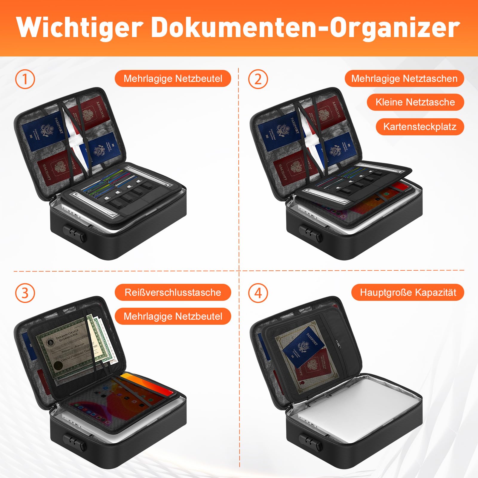 kanhiro Feuerfeste Dokumentenbox 2000℉– Wärmeisolierte Dokumententasche mit Schloss, Tragbarer Akten-Organizer für wichtige Dokumente, Zertifikate, Zuhause & Büro