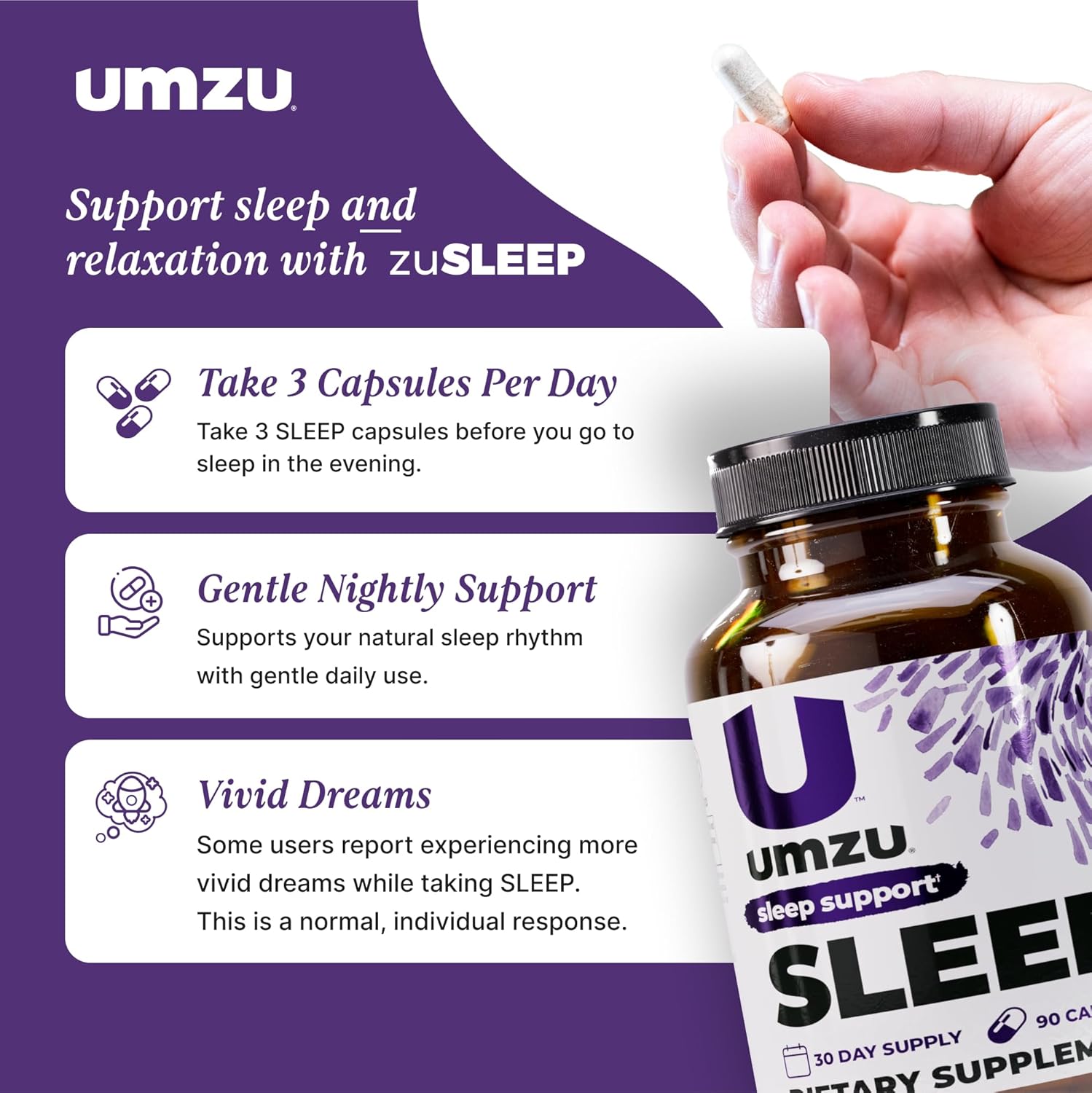 UMZU Sleep Magnesium Glycinate Supplement, (30 Day Supply) – with GABA L-Theanine Zinc & Herbal Extracts – Magnesium Glycinate for Sleep Relaxation Calm Mood & L-Theanine Nightly Wellness Support - Image 6