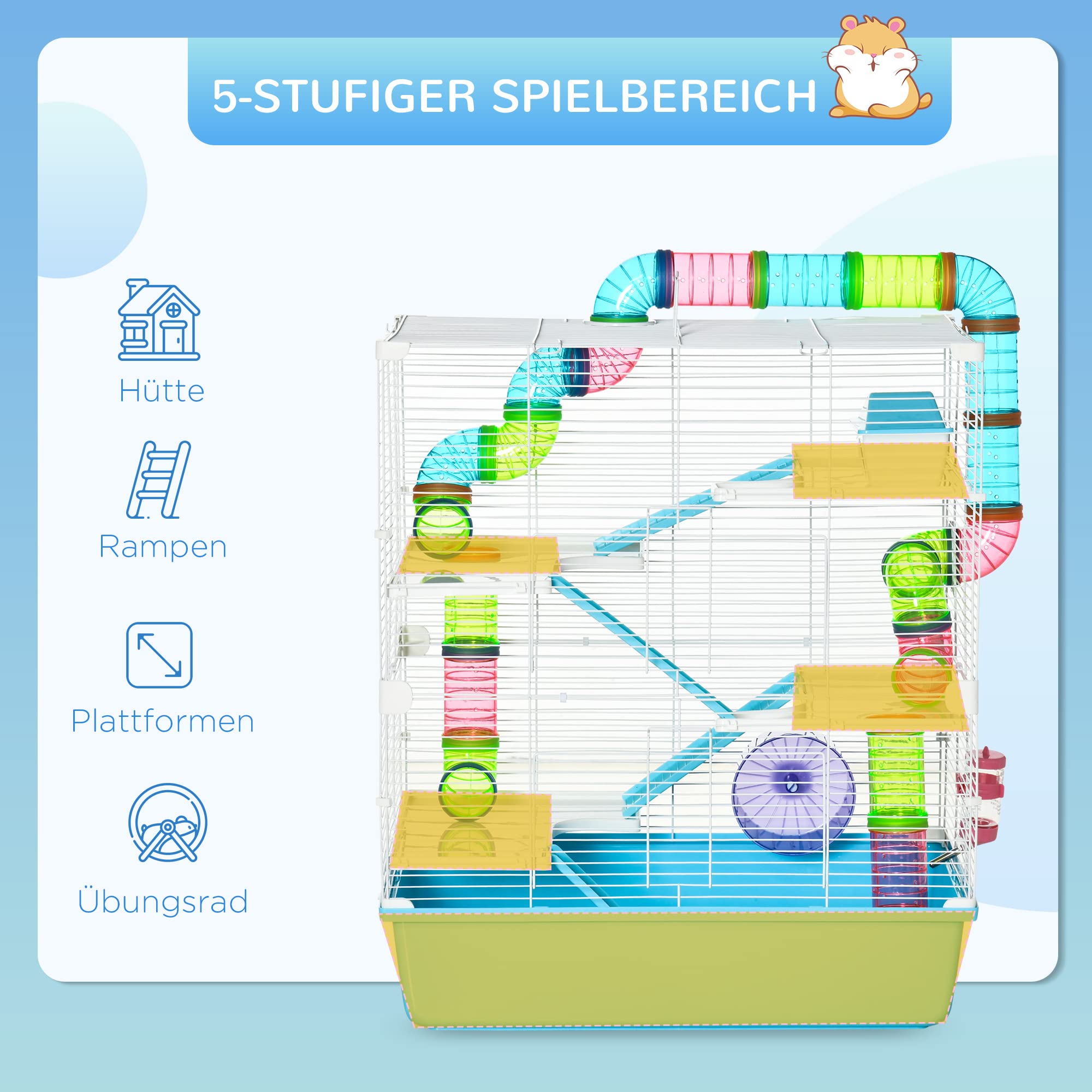 PawHut Hamsterkäfig 5 Etagen für Hamster 59 x 36 x 69 cm Hellblau+Weiß | Nagerkäfig, Kleintierkäfig aus Stahldraht, Laufrad, Rampe, Trinkflasche, Futternapf, Mäusekäfig, Rennmaus
