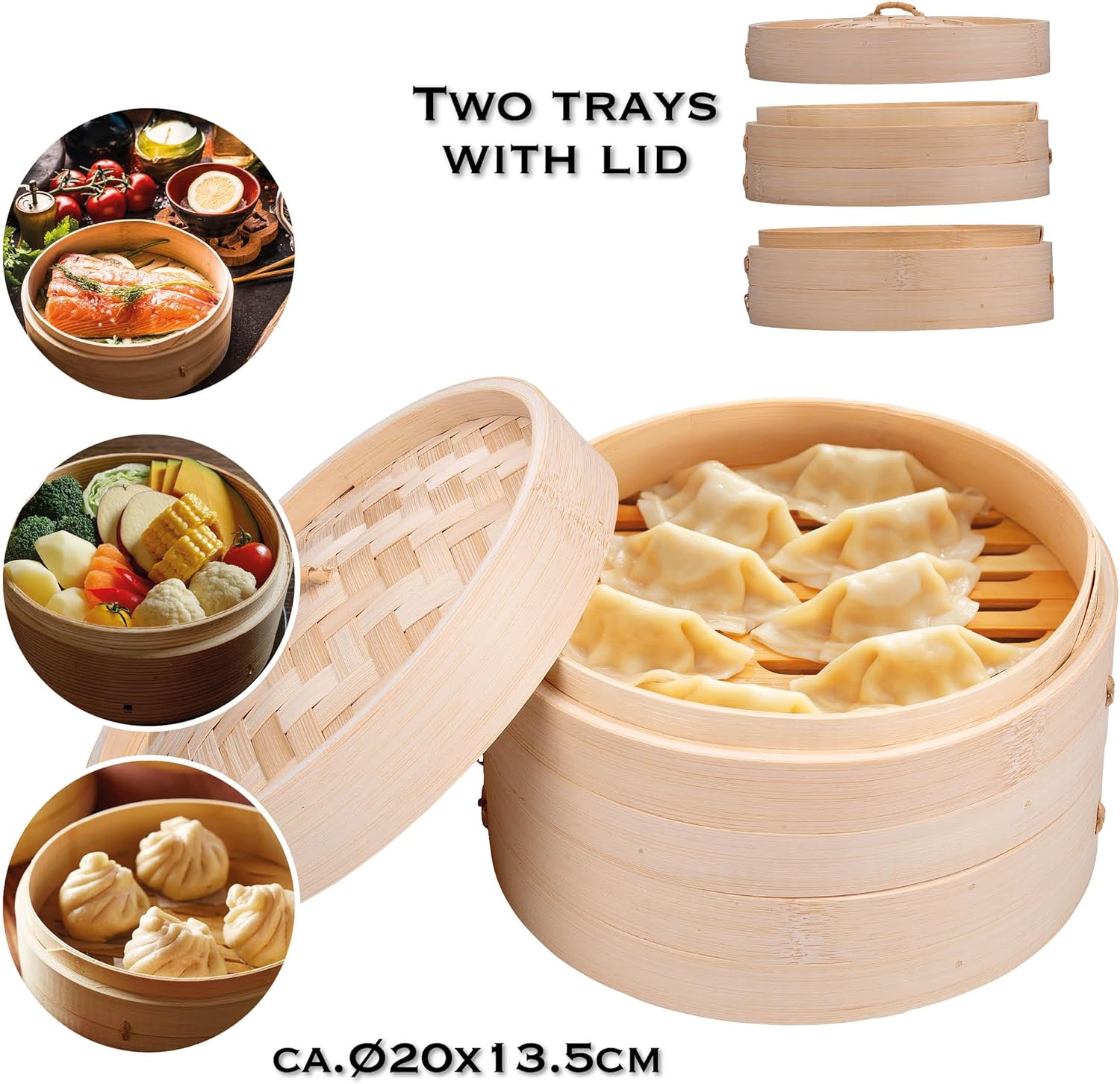 Bamboo Steamer Basket - Steamer Basket with 2 Shelves - 20 x 13.5 cm - 100% Bamboo - Steamer over a Saucepan - Suitable for Dumplings, Vegetables, Rice and More - with Lid