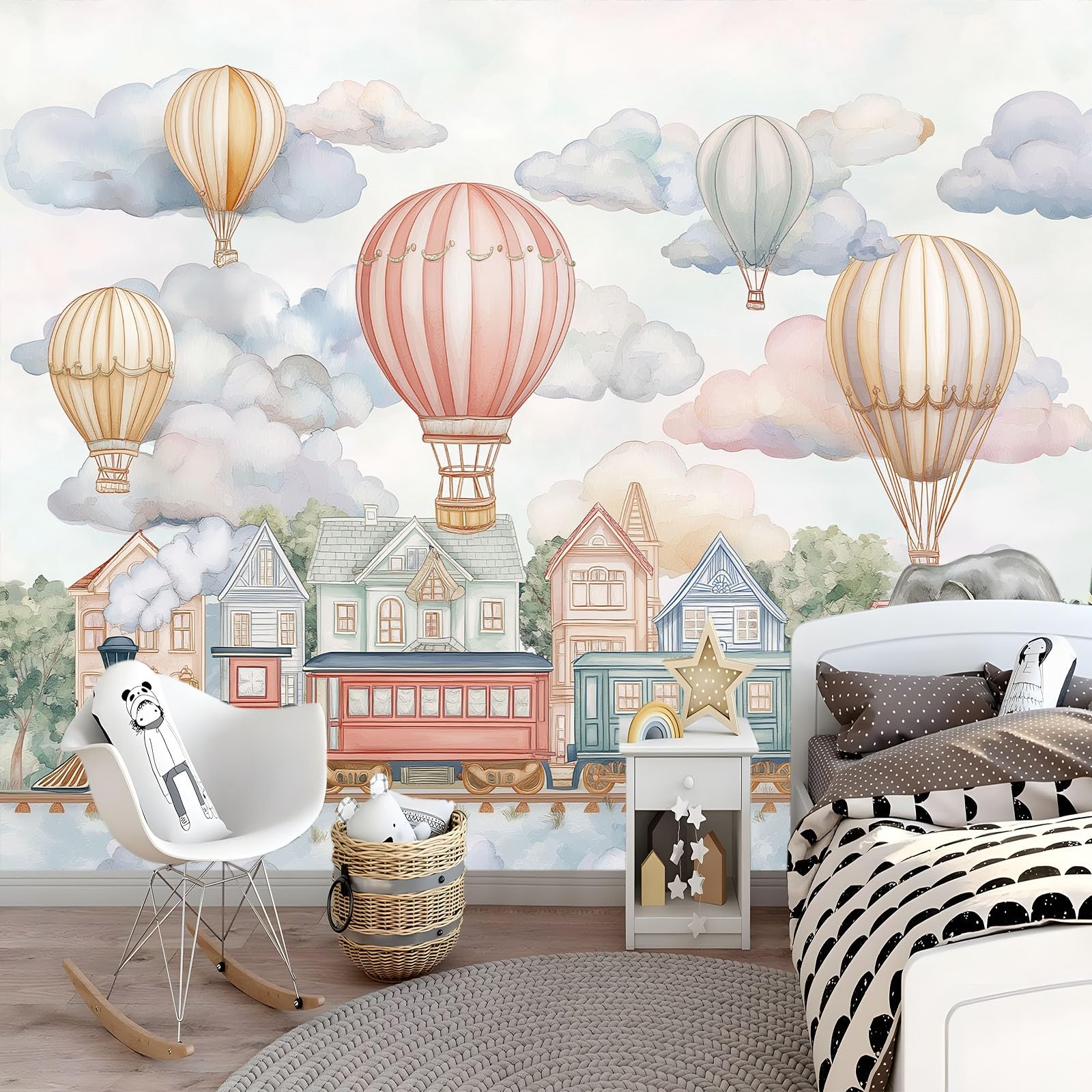 Malowidła ścienne kreskówka balon na gorące powietrze pociąg miasto chmury tapeta z włókniny 250 x 175 cm duża fototapeta, do salonu sypialni pokrycie ścienne mural dekoracja fototapeta biała