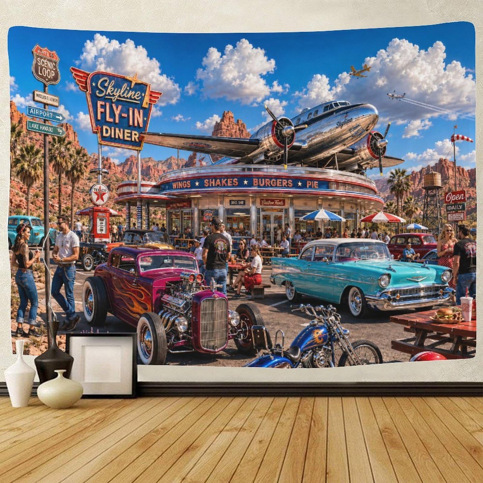 GPMNBCXZK Route 66 Vintage Aircraft 3D Print Wall Tapestry Wall Art Decor Tapestries Poster Home Decoration Bedroom Living Room 130cmx150cm