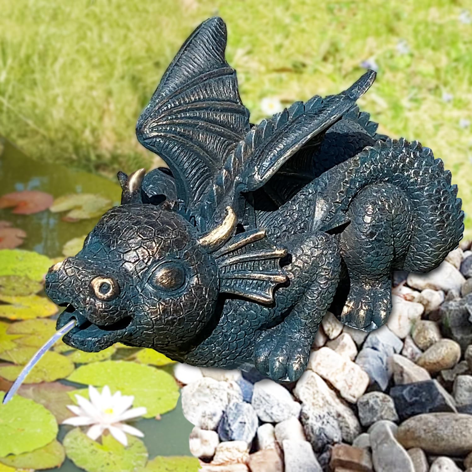 Gartenbrunnen für Außen 230V ZAUBER-Drache Zierbrunnen Zimmerbrunnen mit LED-Beleuchtung Wasserspiel für Garten, Gartenteich, Terrasse, Balkon