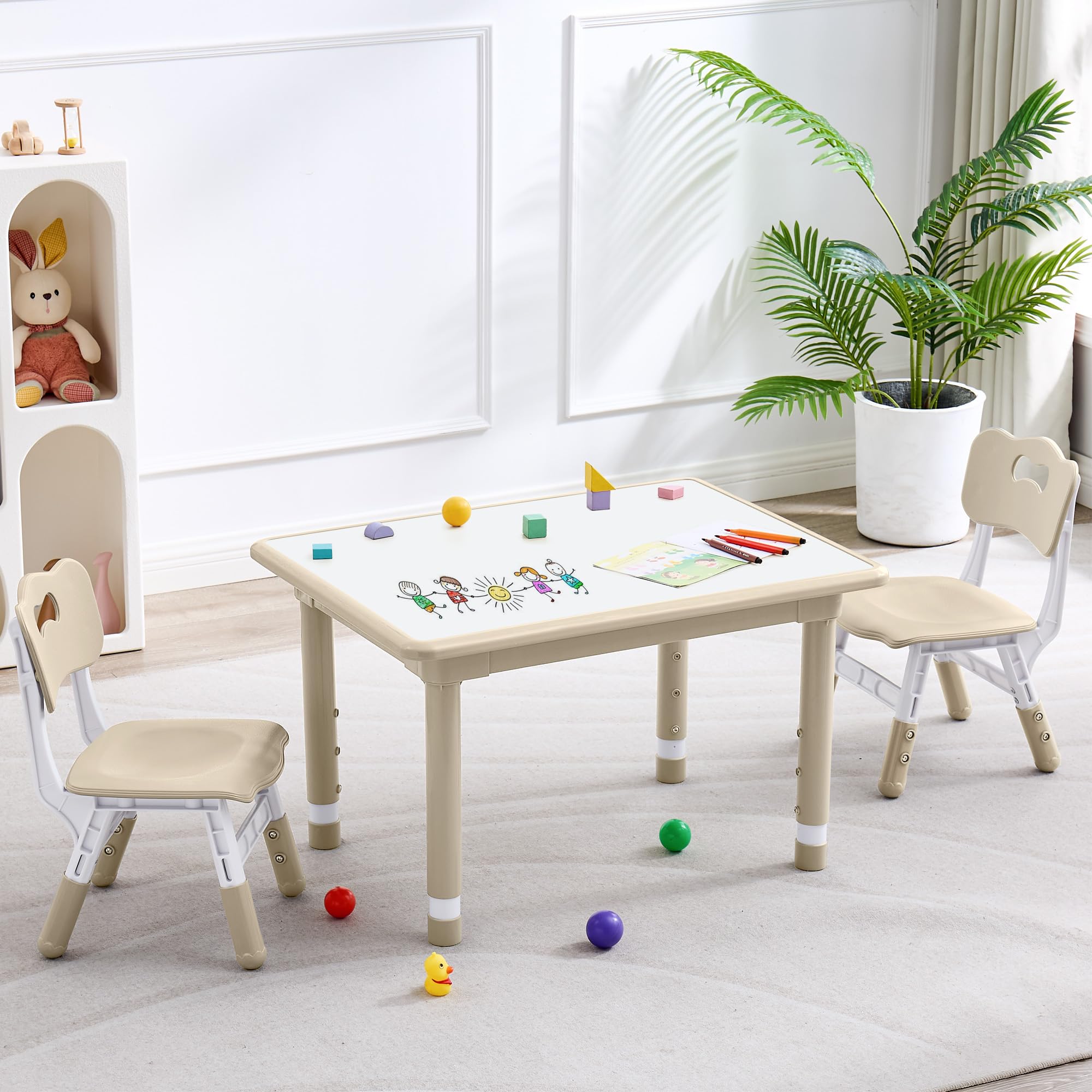 DOREROOM Kids Table and 2 Chairs Set, Height Adjustable (17.7"-26.1") Toddler Table and Chair Set, Multi-Activity Table with Graffiti Desktop,