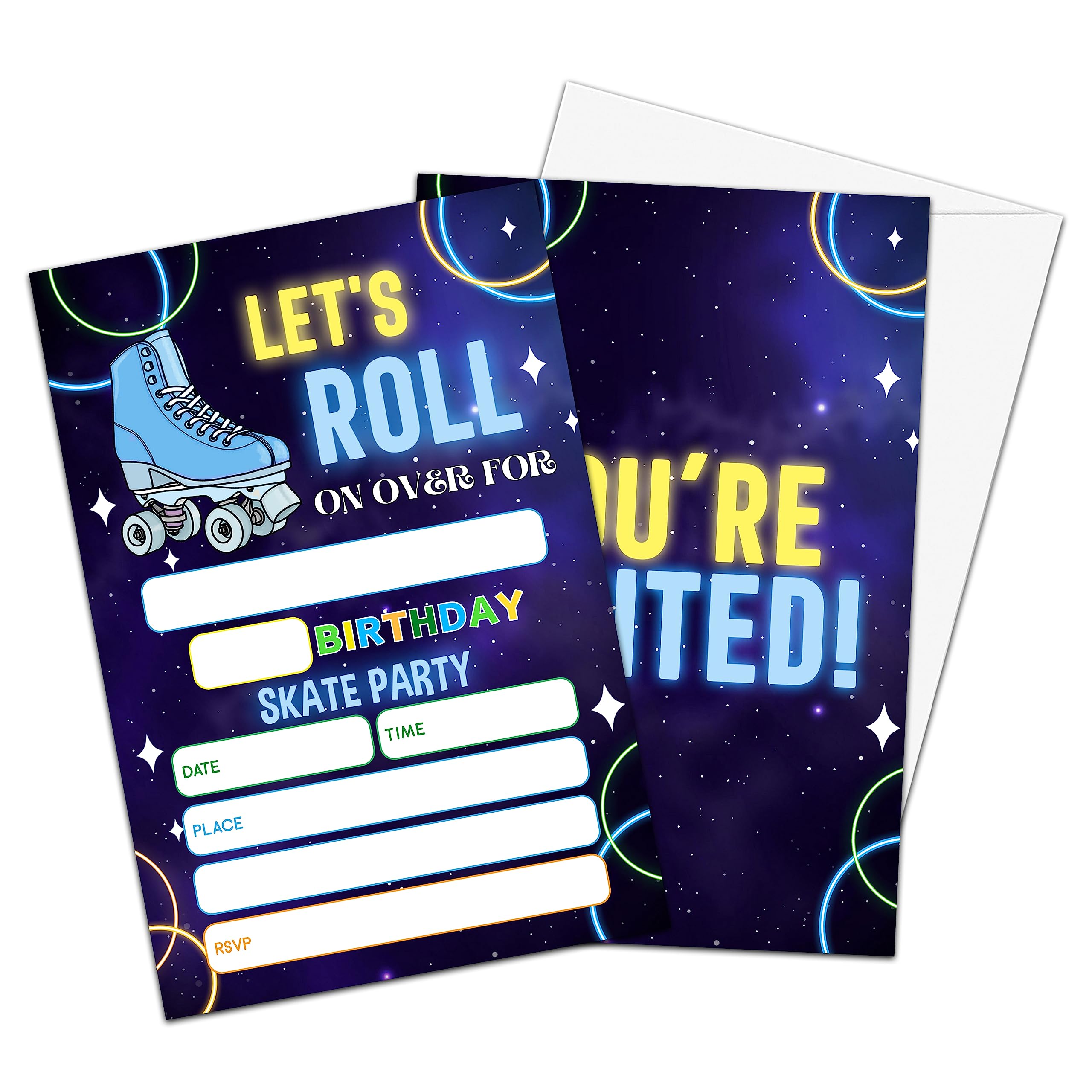 OZTEMETY Roller Skate Birthday Invitations, Let's Roll Neon Birthday Party Invitations for Boys Girls, Birthday Party Invitation Cards, Party Supplies and Decoration, 20 Cards & 20 Envelopes -D01