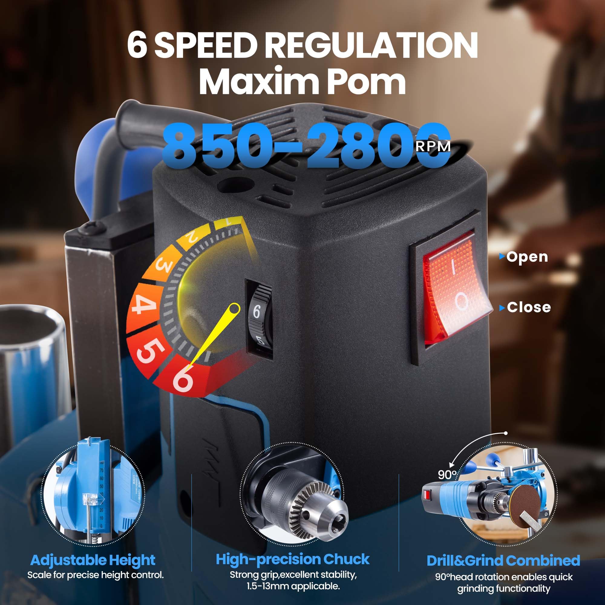 1200 W, 6 prędkości 2800 obr./min, rotacja dookólna 360 °, z obrotowym uchwytem stacji roboczej, głębokość wiercenia 3,15