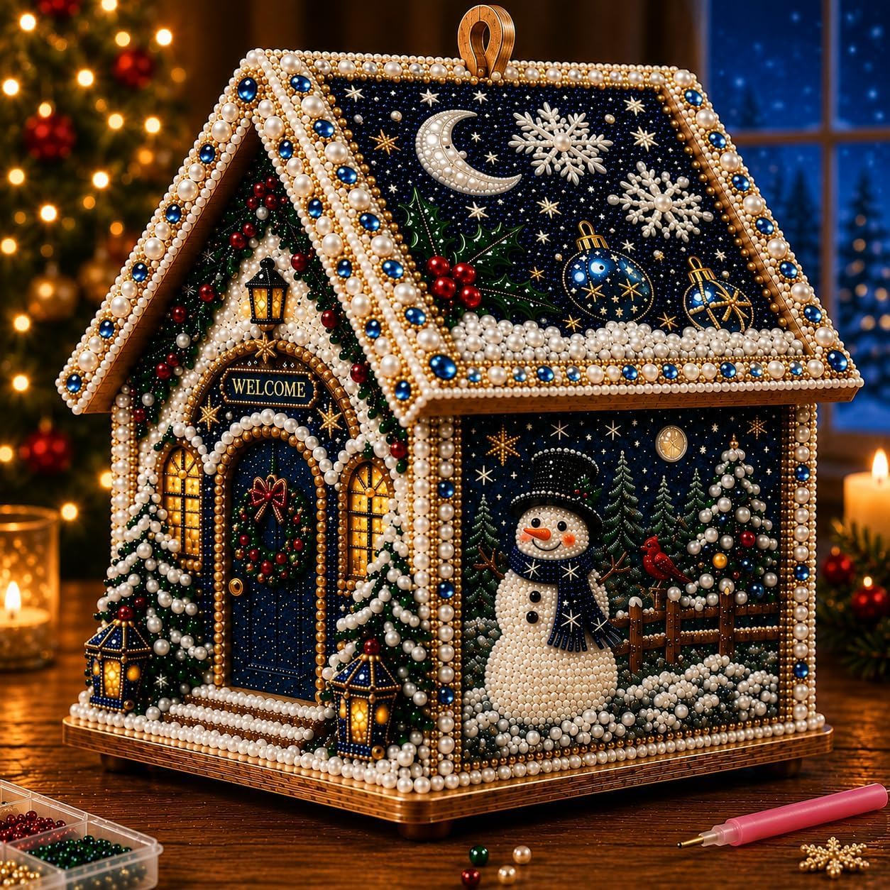 3D Christmas Pearl Diamond Painting Wooden House Art Kit for Adults (#P)