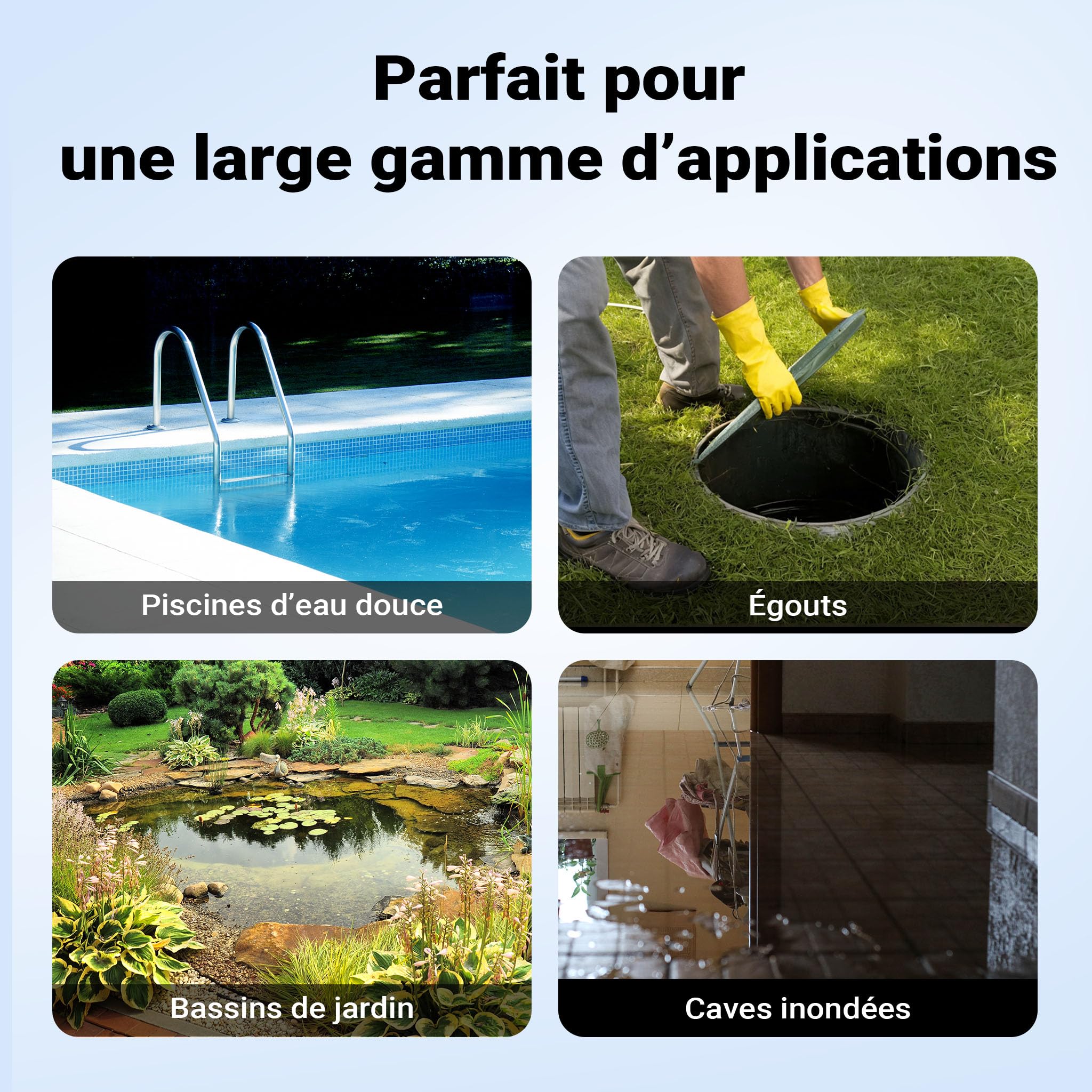Wiltec Pompe à eau immergée à aspiration plate 400 W – Jusqu’à 1 mm – 8000 l/h – Acier inox – Refoulement max. 5 m, profondeur max. 7 m – Interrupteur à flotteur – Pompe submersible Eau propre
