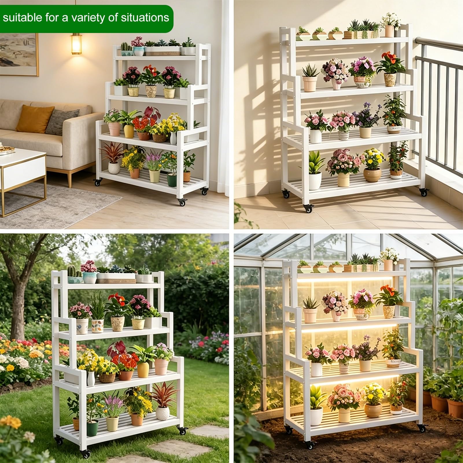 Supporto per piante a 4 livelli in metallo bianco con ruote e freni - Scaffale per fioriera con scala resistente, espositore per vasi da fiori ad angolo (altezza 145 cm)(120x40x145cm)