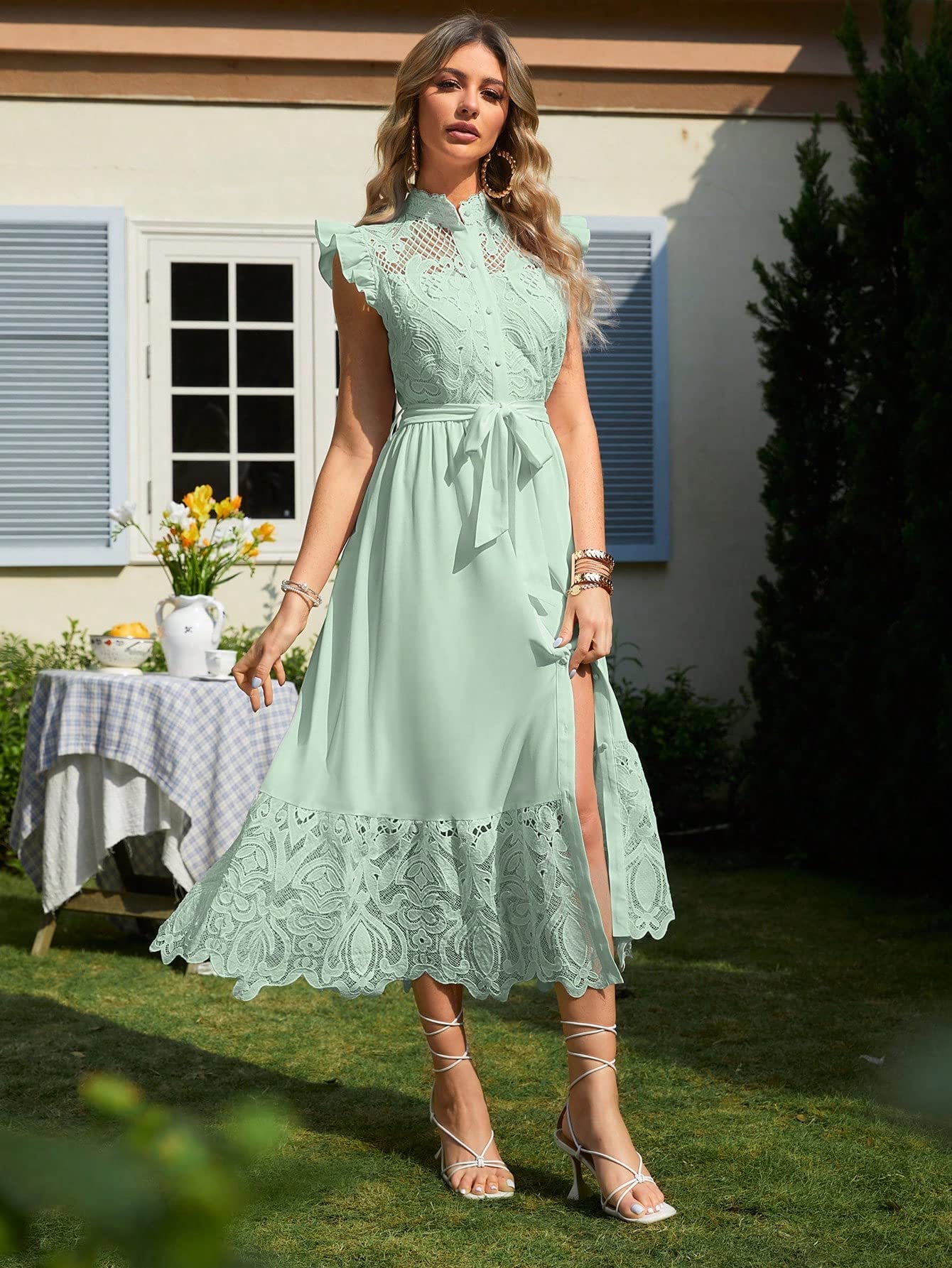 Amazon.com: Neeno Women's Dresses Contrast Lace Ruffle Hem Belted Dress  Dress for Women(Mint Green,Large) : Clothing, Shoes & Jewelry