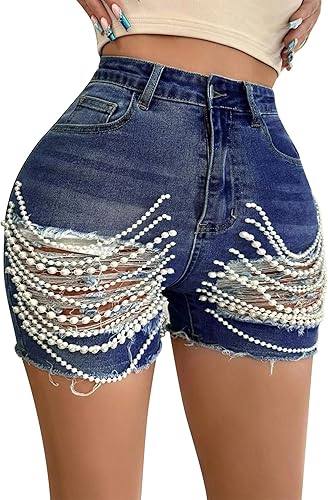 Tcremisa Women's Ripped Denim Shorts Stretch High Waist Pearl Chains Rhinestone 