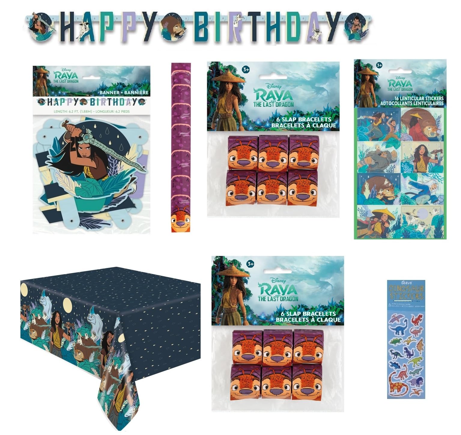 Raya and the Last Dragon Birthday Party Supplies Bundle includes 1 Table Cover, 1 Happy Birthday Banner, 12 Slap Bracelets, 16 Lenticular Stickers, 1