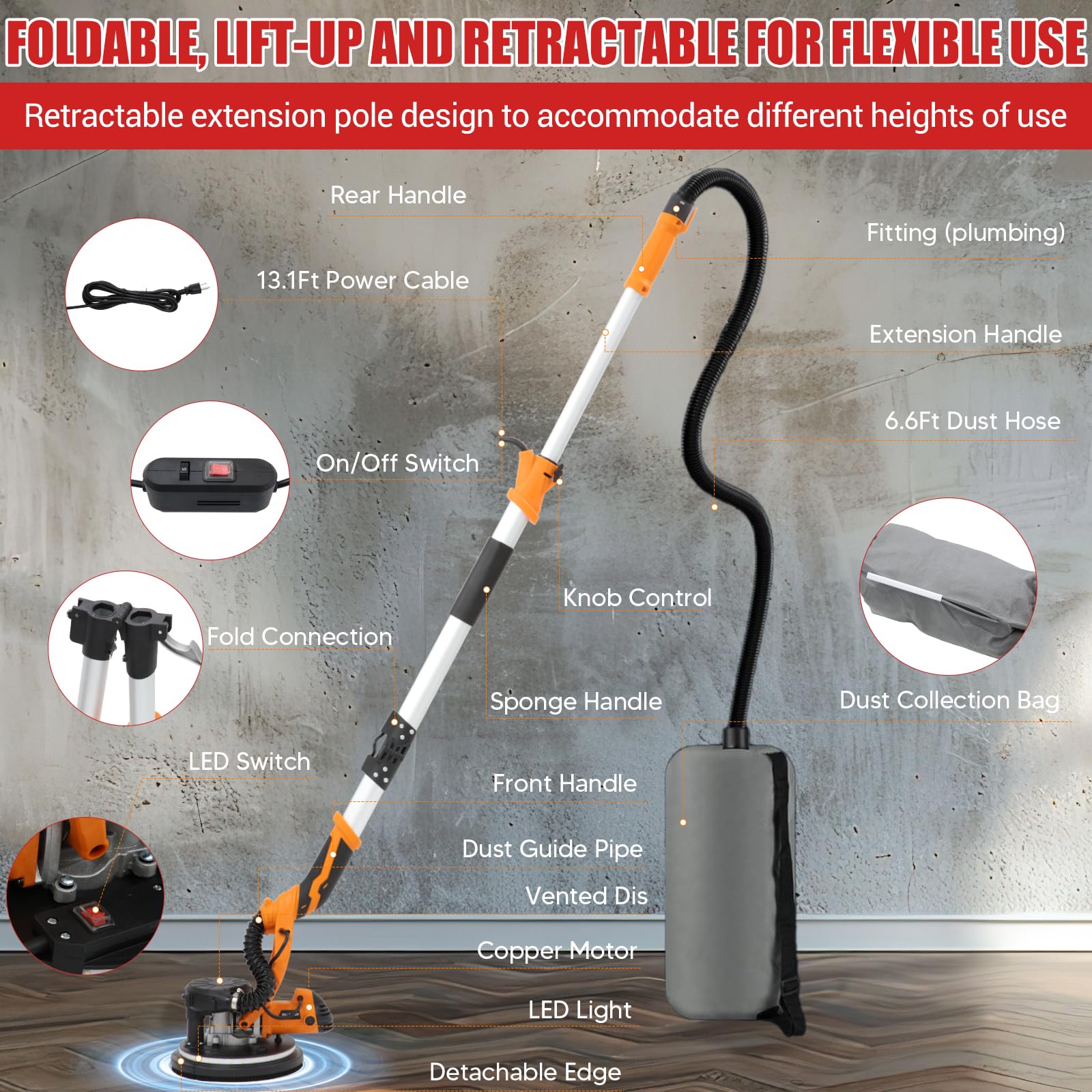 Lijadora de paneles de yeso 1250 W – 5 velocidades 500 – 1800 rpm, diámetro 225 mm, disco de lijado, mango extensible, luz LED, extracción de polvo con manguera, incluye bolsa de