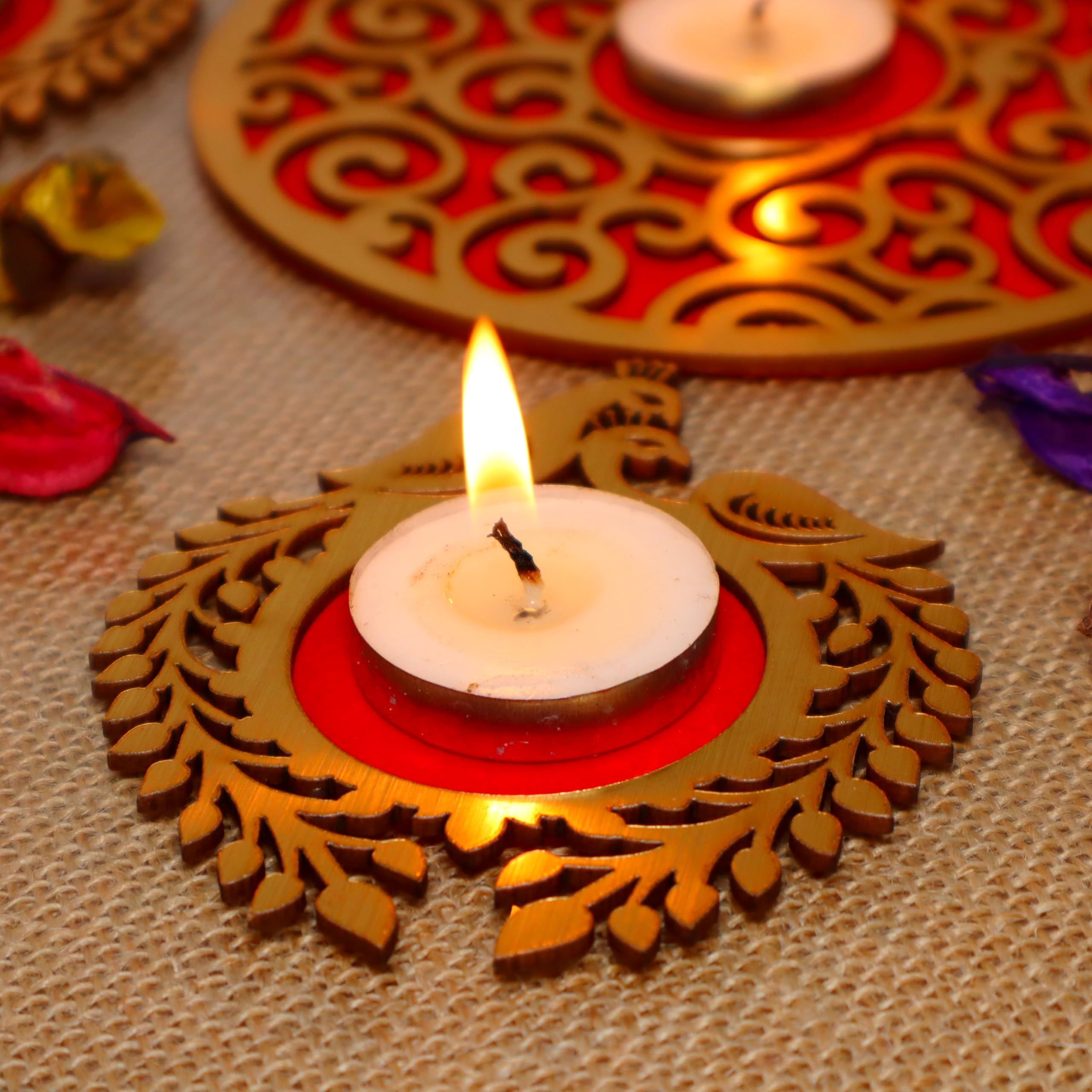 Saudeep India MDF Wood Readymade Rangoli Set with Tealights | Decorative Tea Light Candle Holder for Home Decor | Traditional Festive Decoration & Corporate Gift Item for Festivals