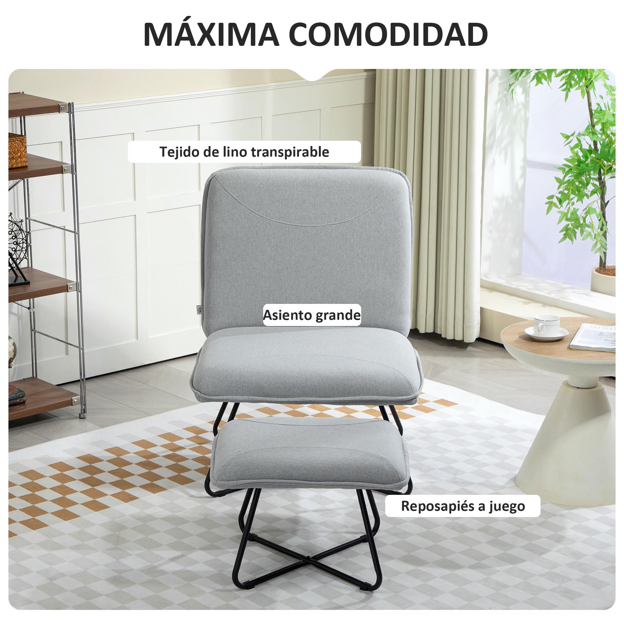 HOMCOM Sillón Relax con Reposapiés sin Brazos Patas de Acero Gris Claro