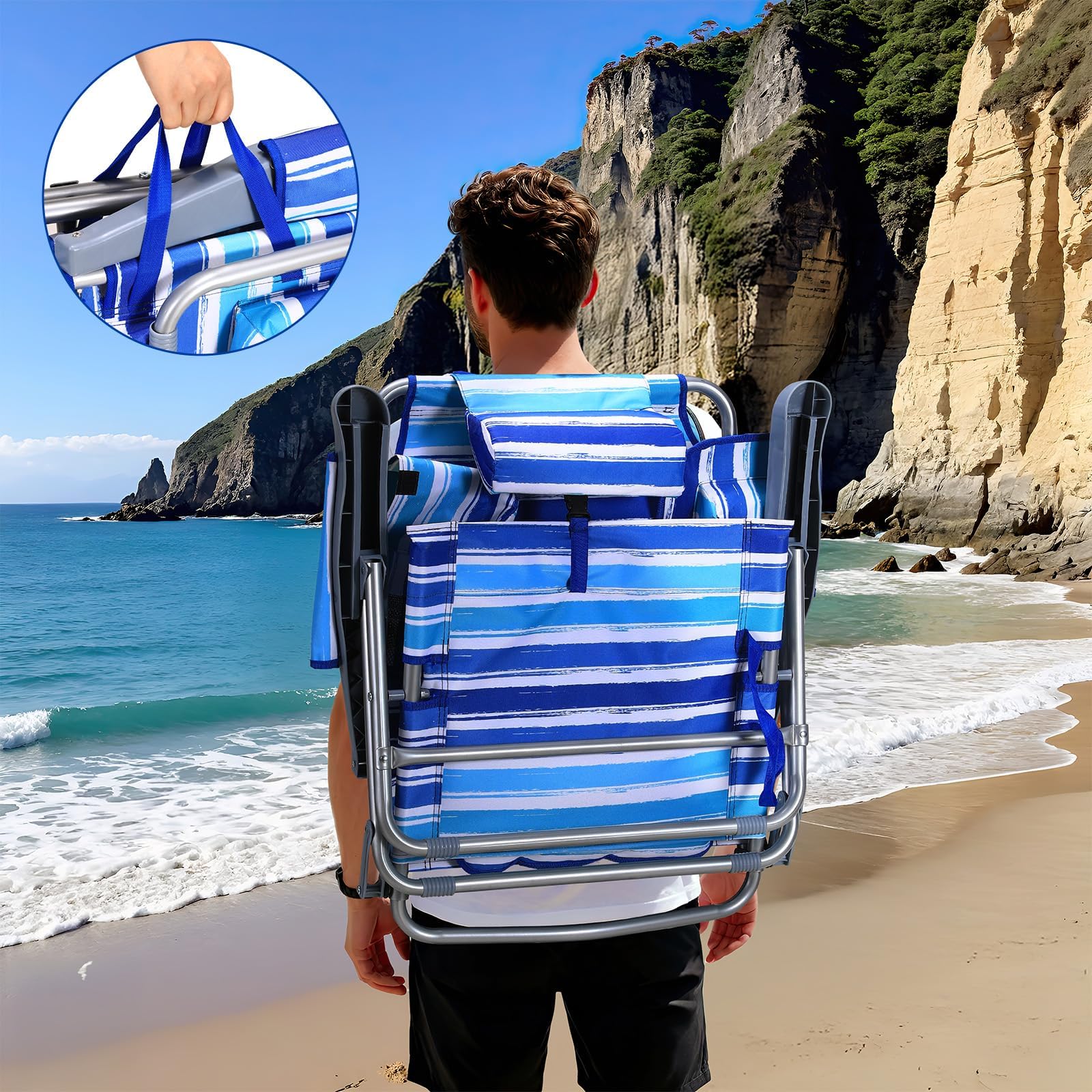 LIFERUN Silla De Playa,Set 2,Plegable,Reclinable,Diseño de Mochila,Azul | Respaldo 4 Posiciones,Carga 140kg,Oxford,Hierro,Bolsillo Térmico,Cojín Lumbar,Reposacabezas,Playa,Jardín,Camping,Festival