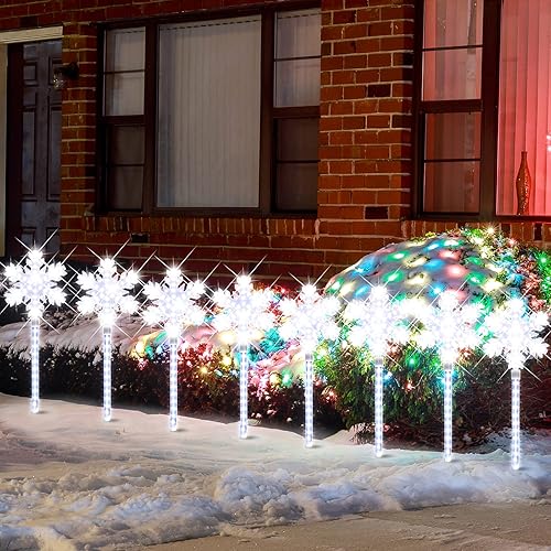 Miniatura 3 de TWINGLEHOME Juego de 8 estacas decorativas de copo de nieve de Navidad preiluminadas para camino, patio, césped, jardín, luces de copo de nieve de