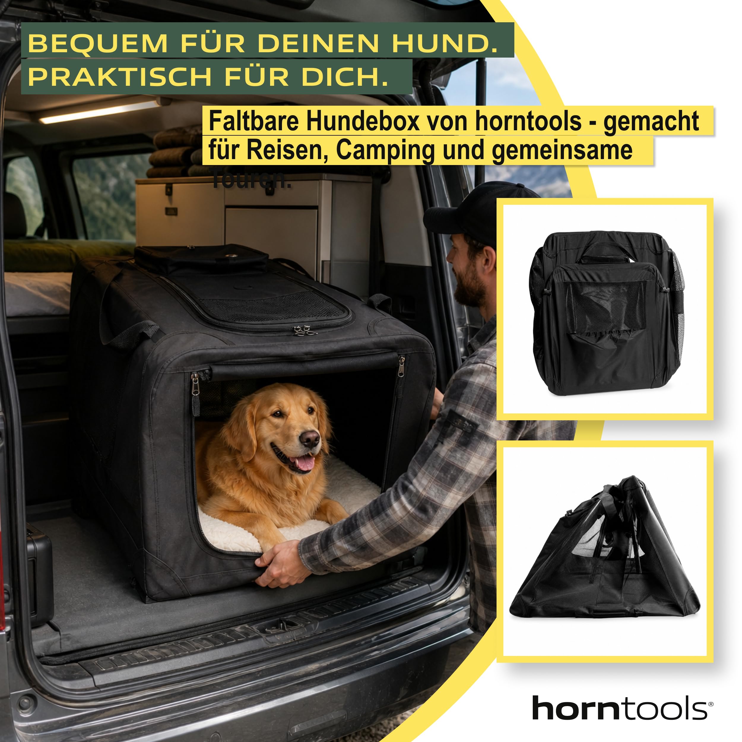 HORNTOOLS Faltbare Hundebox - Hundetransportbox mit Netzfenstern, Abnehmbarer Matte - Atmungsaktive Reisetasche für Hunde und Katzen - Transporttasche für Camping, Reisen & Zuhause - 74x53x52 cm
